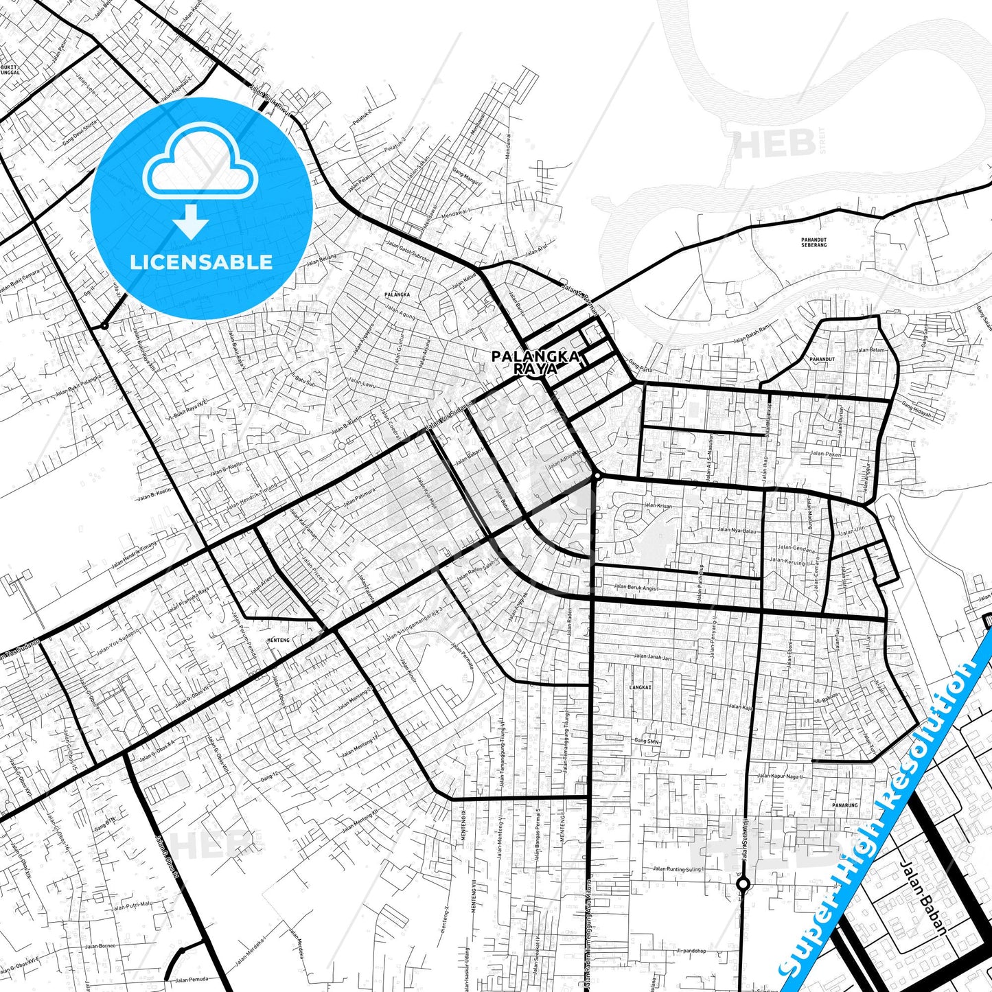 Palangka Raya, Indonesia Light Map with Street Names, City Names, and Districts