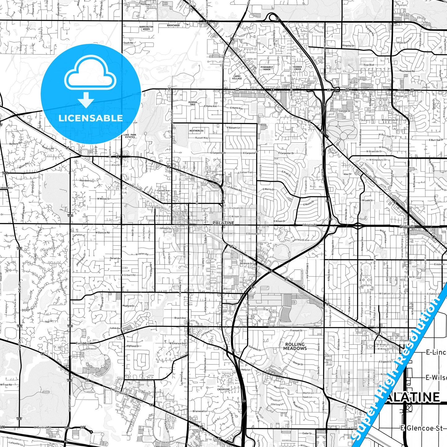 Palatine, Illinois Light Map with Street Names, City Names, and Districts