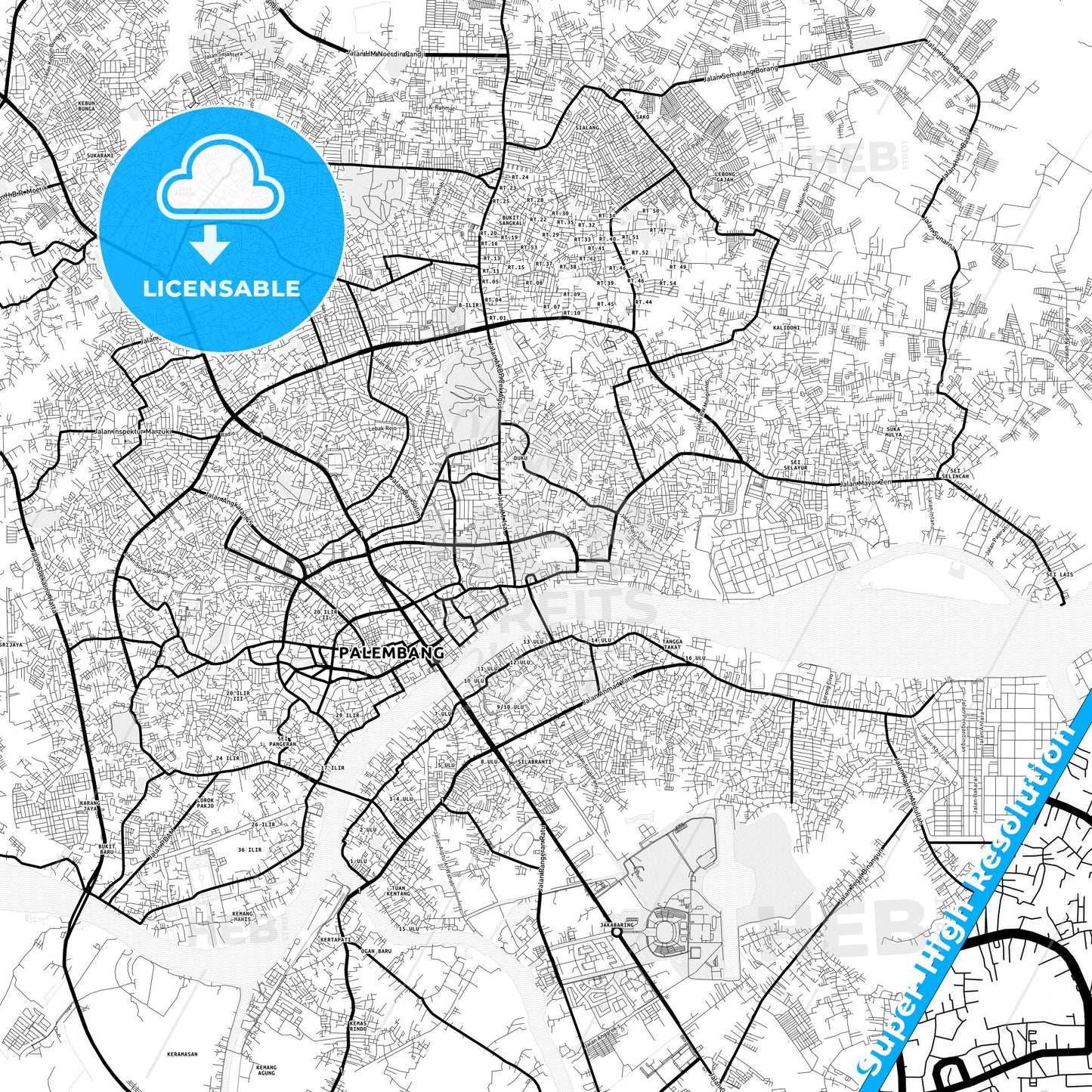 Palembang, Indonesia Light Map with Street Names, City Names, and Districts
