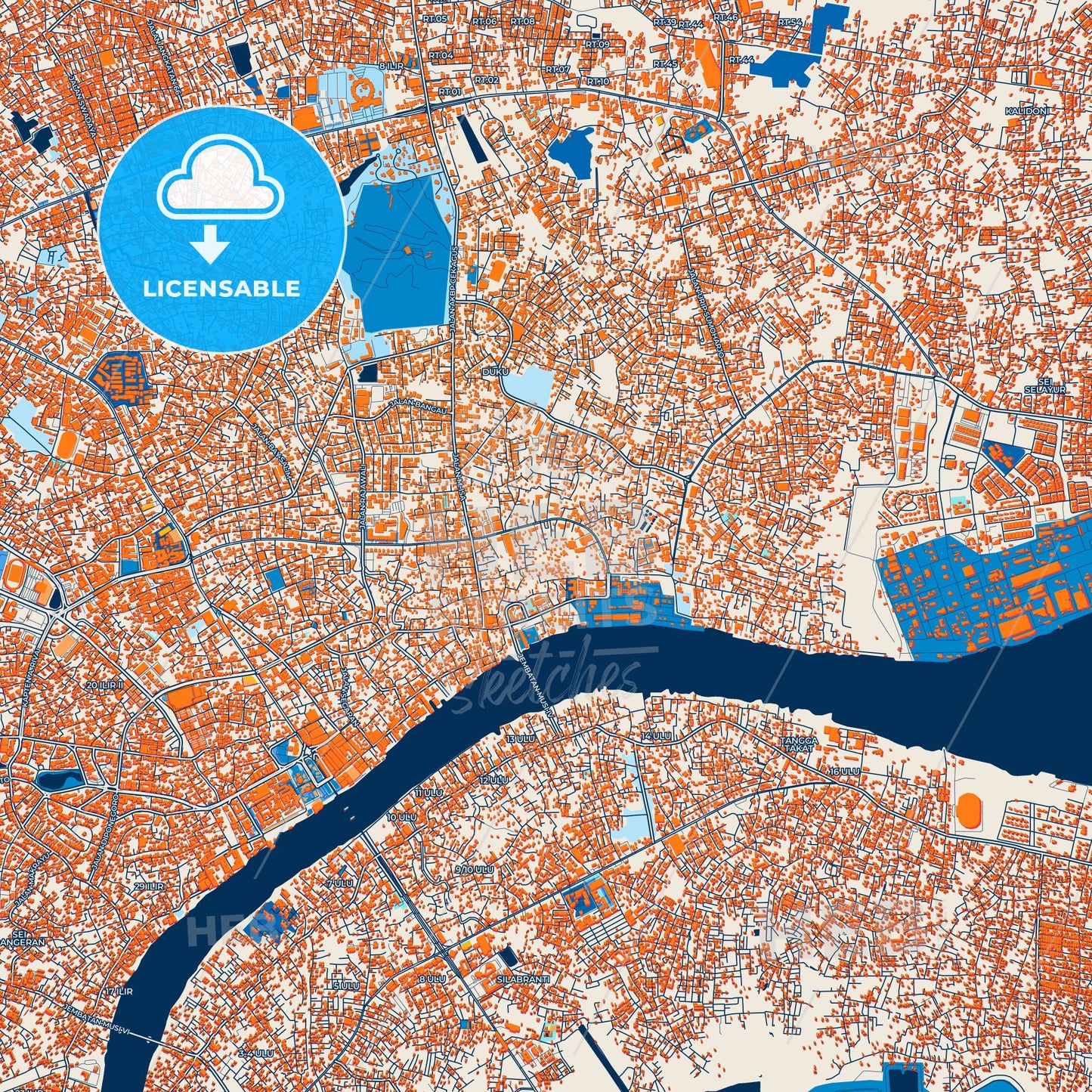 Colorful Palembang Street Map with Labels and Buildings