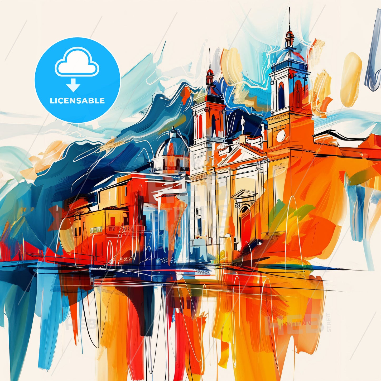 Vibrant Palermo , Italy - A Painting Of A Building With Towers And A Mountain In The Background