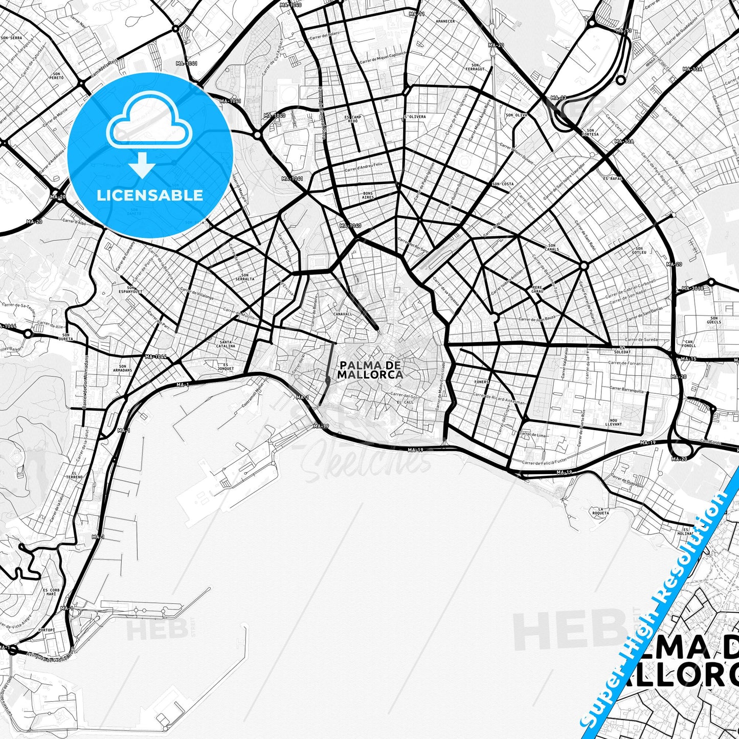 Palma, Spain Light Map with Street Names, City Names, and Districts
