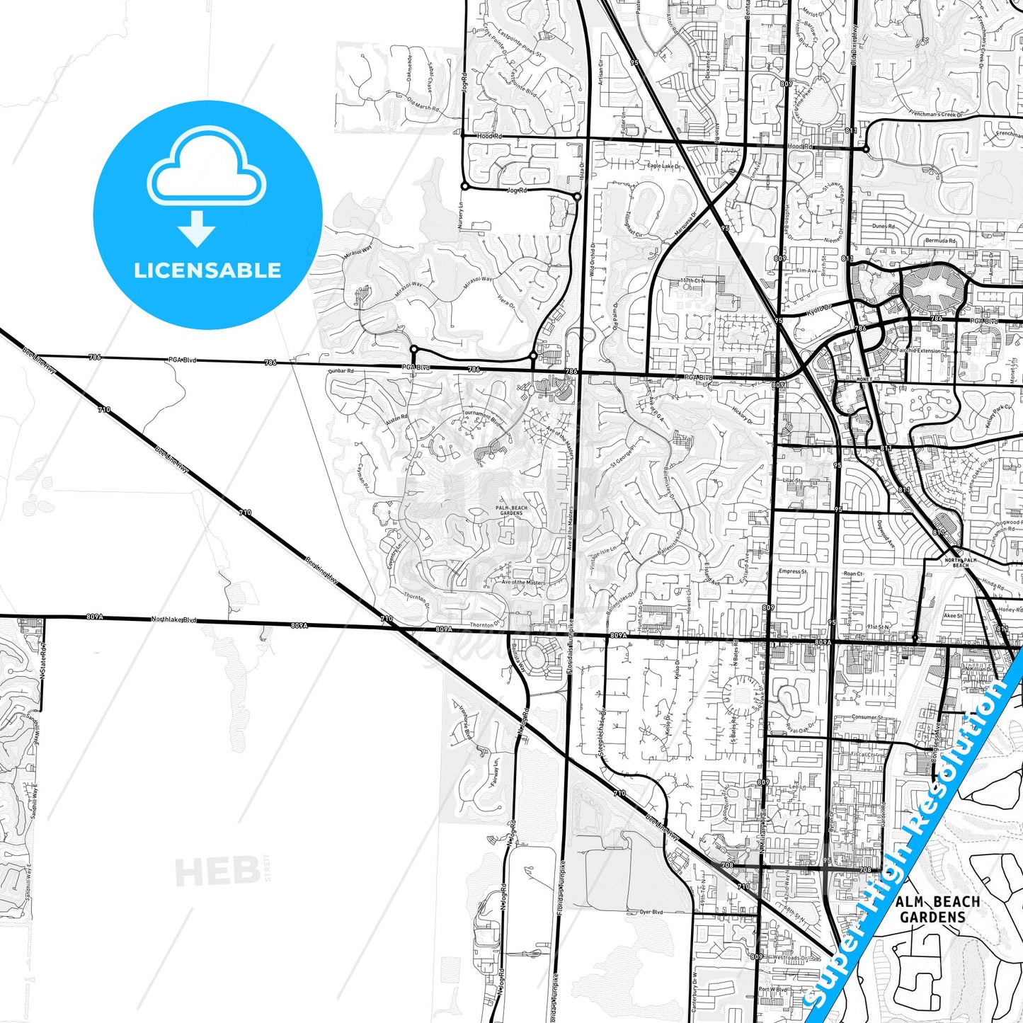 Palm Beach Gardens, Florida Light Map with Street Names, City Names, and Districts