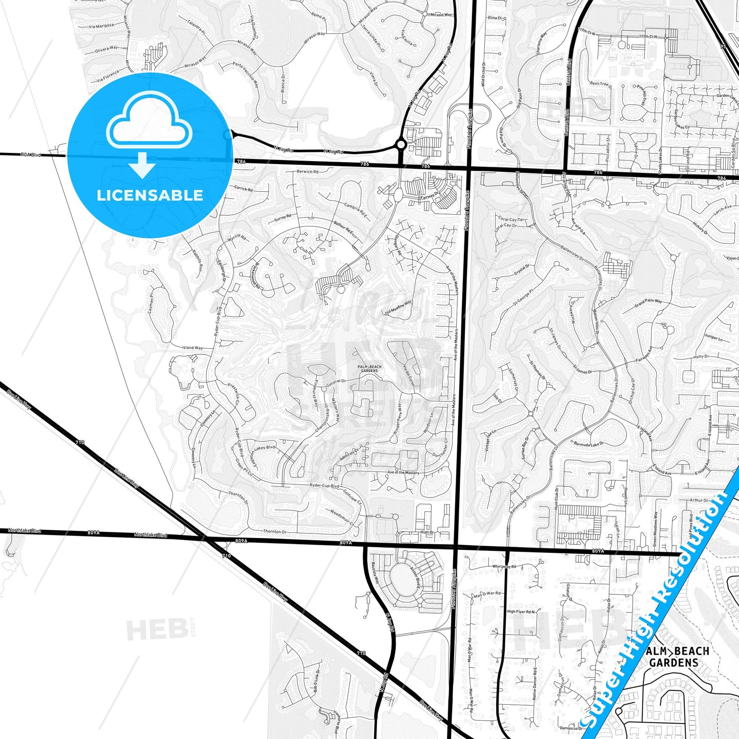 Palm Beach Gardens, Florida Light Map with Street Names, City Names, and Districts
