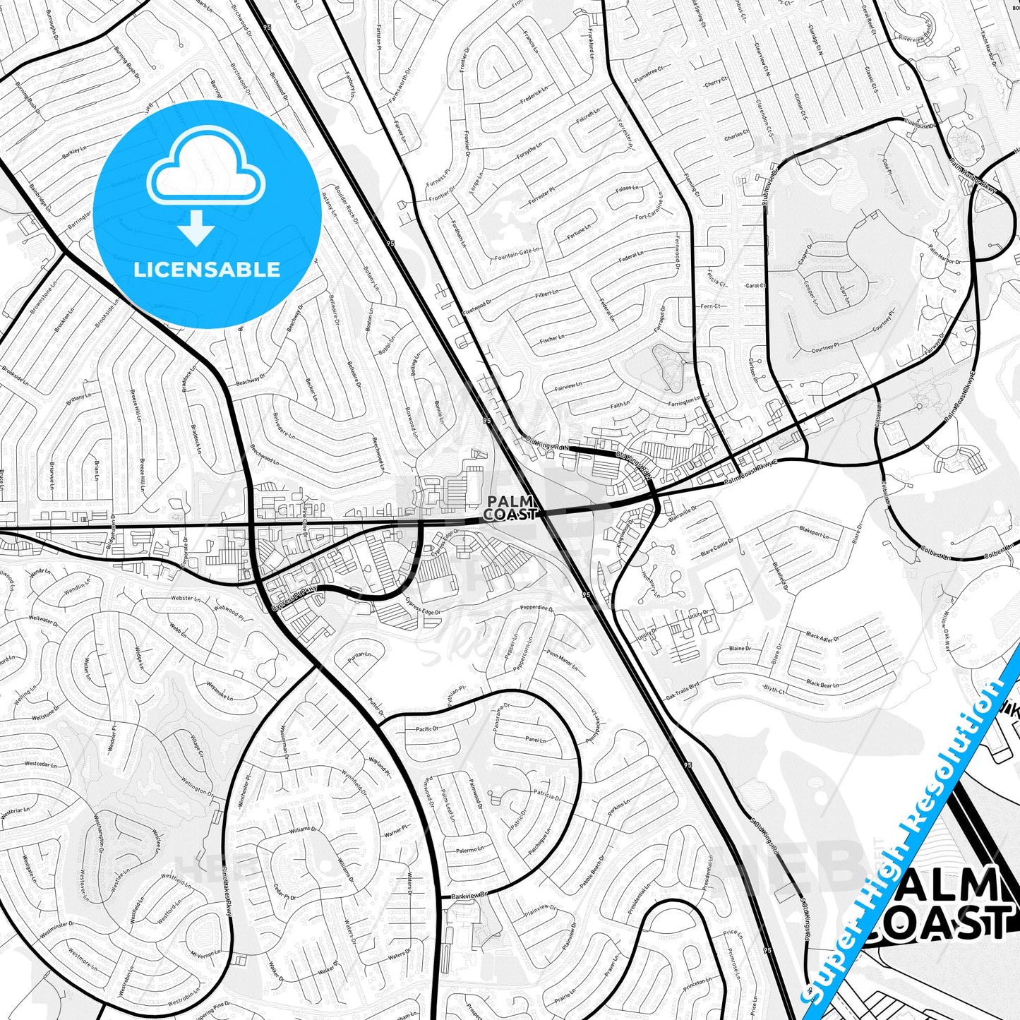 Palm Coast, Florida Light Map with Street Names, City Names, and Districts