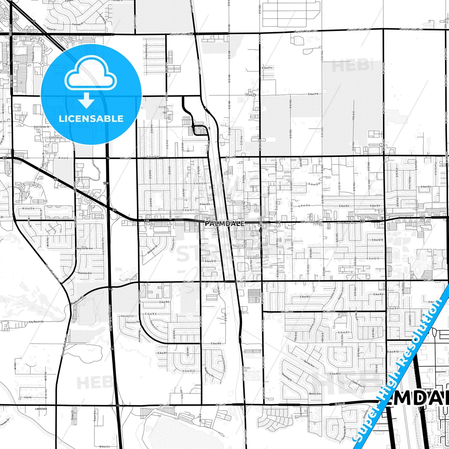 Palmdale, California Light Map with Street Names, City Names, and Districts