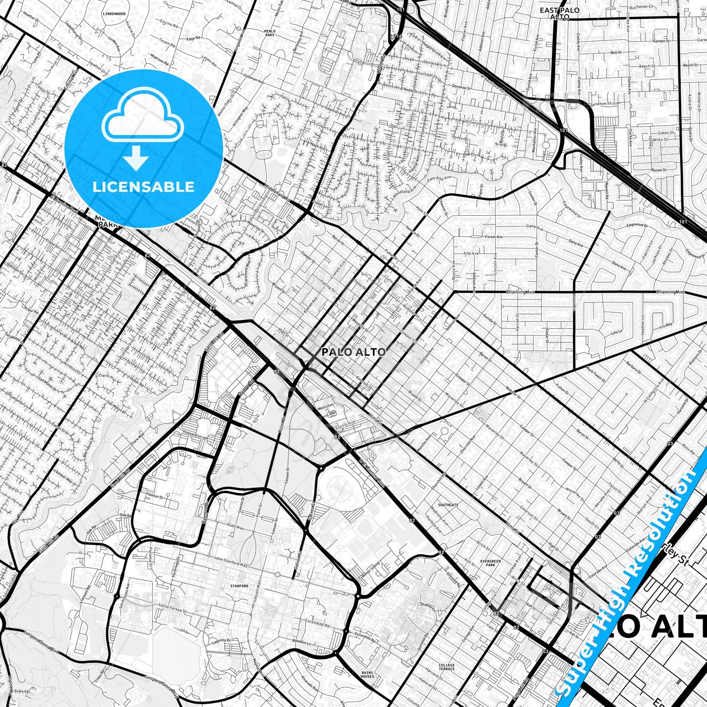 Palo Alto, California Light Map with Street Names, City Names, and Districts