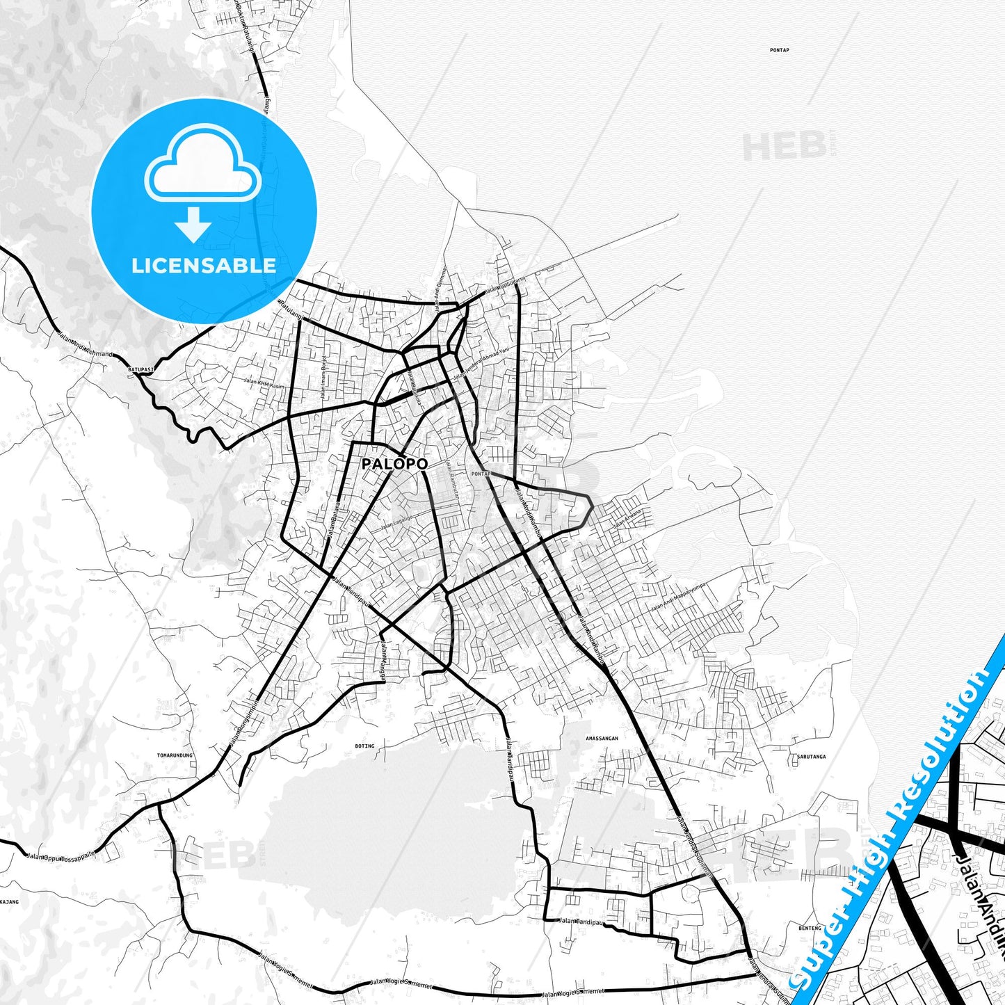 Palopo, Indonesia Light Map with Street Names, City Names, and Districts