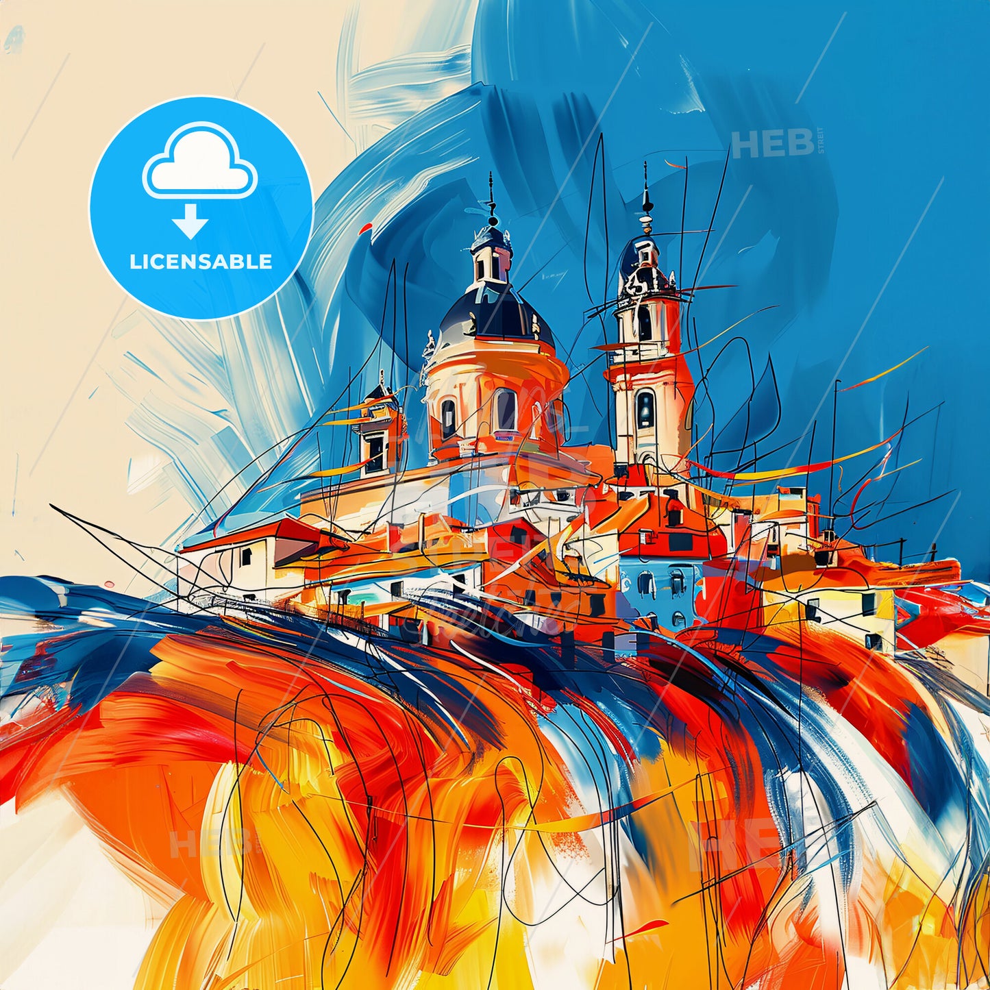 Vibrant Pamplona, Spain - A Painting Of A Building With A Blue Sky