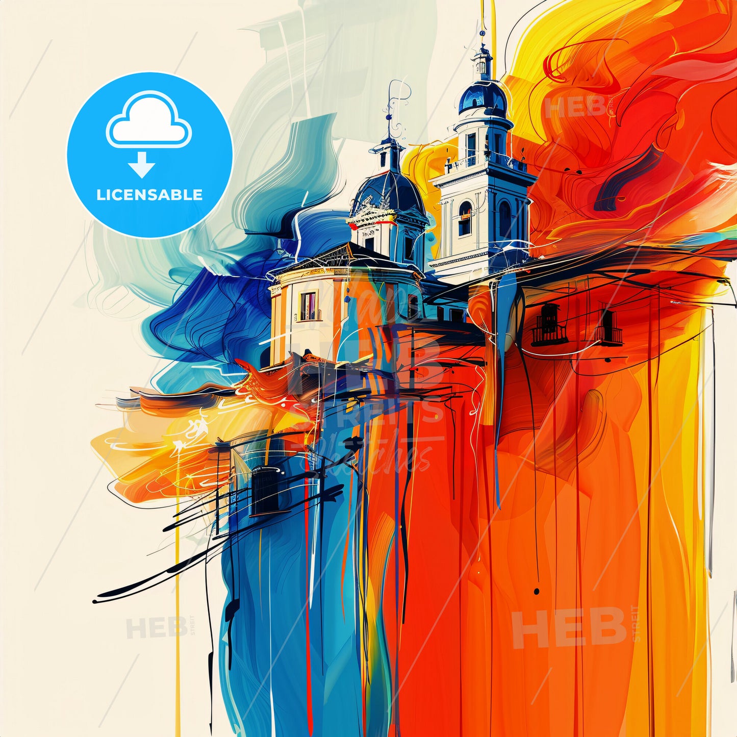 Vibrant Pamplona, Spain - A Painting Of A Building With A Colorful Background