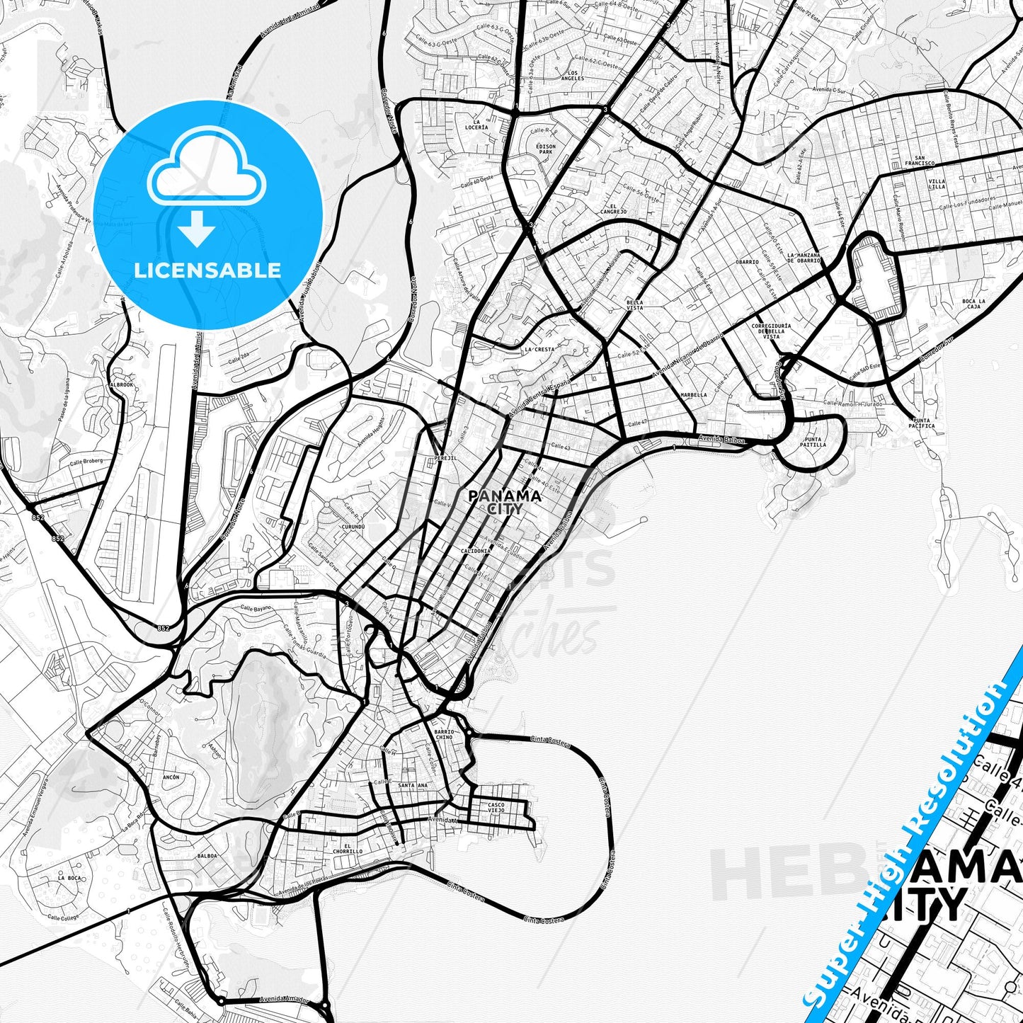Panamá, Panama Light Map with Street Names, City Names, and Districts