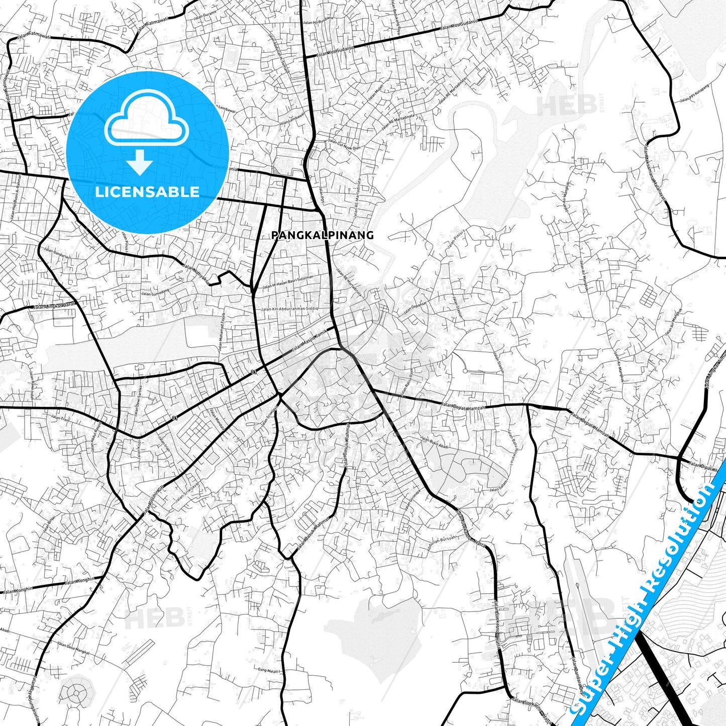 Pangkal Pinang, Indonesia Light Map with Street Names, City Names, and Districts