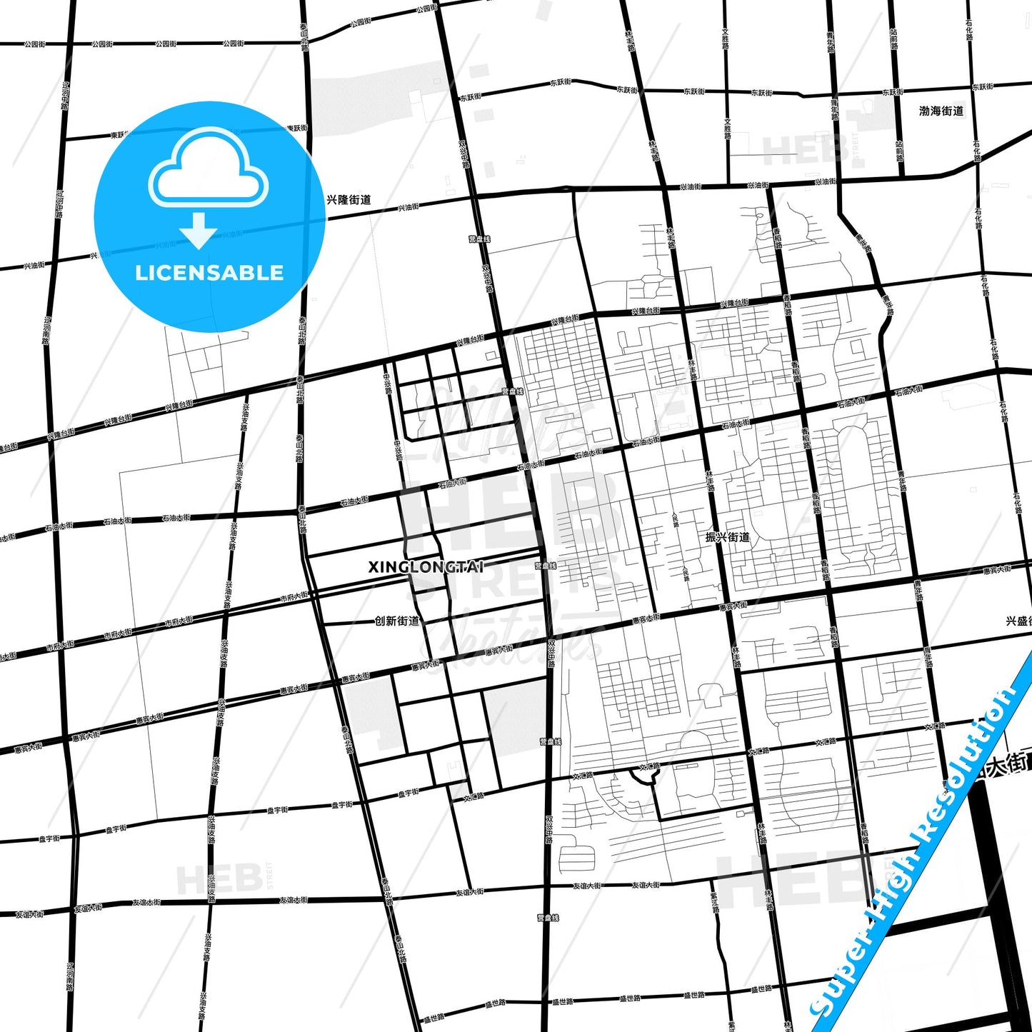 Panjin, China Light Map with Street Names, City Names, and Districts