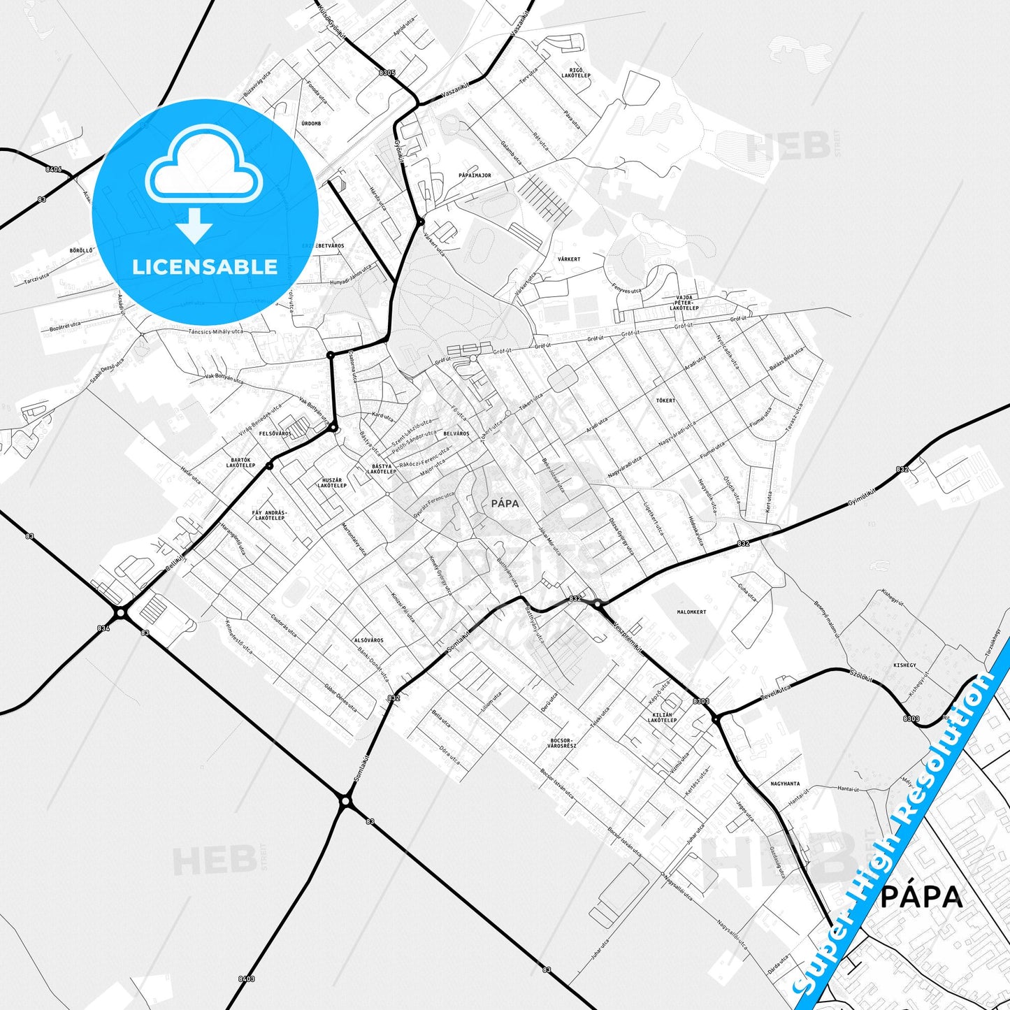 Pápa, Hungary Light Map with Street Names, City Names, and Districts