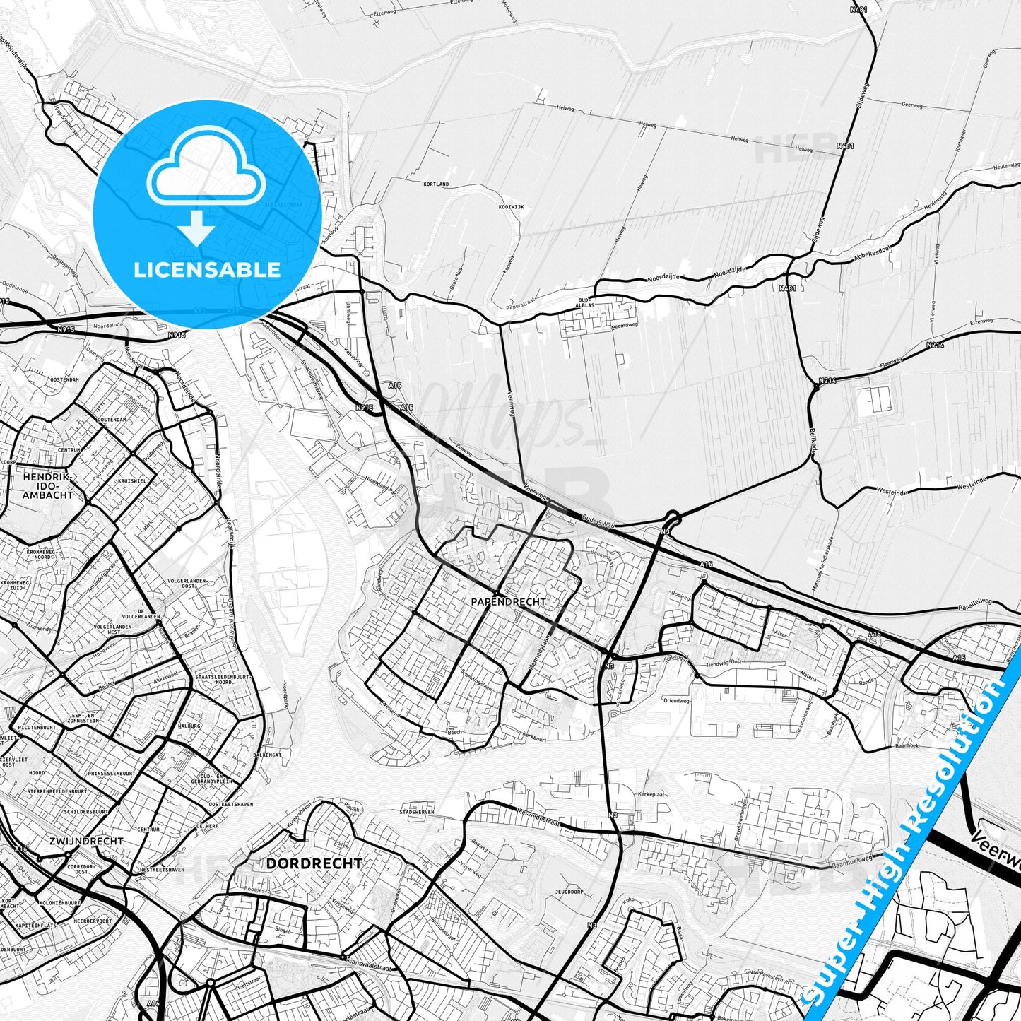 Papendrecht, Netherlands Light Map with Street Names, City Names, and Districts