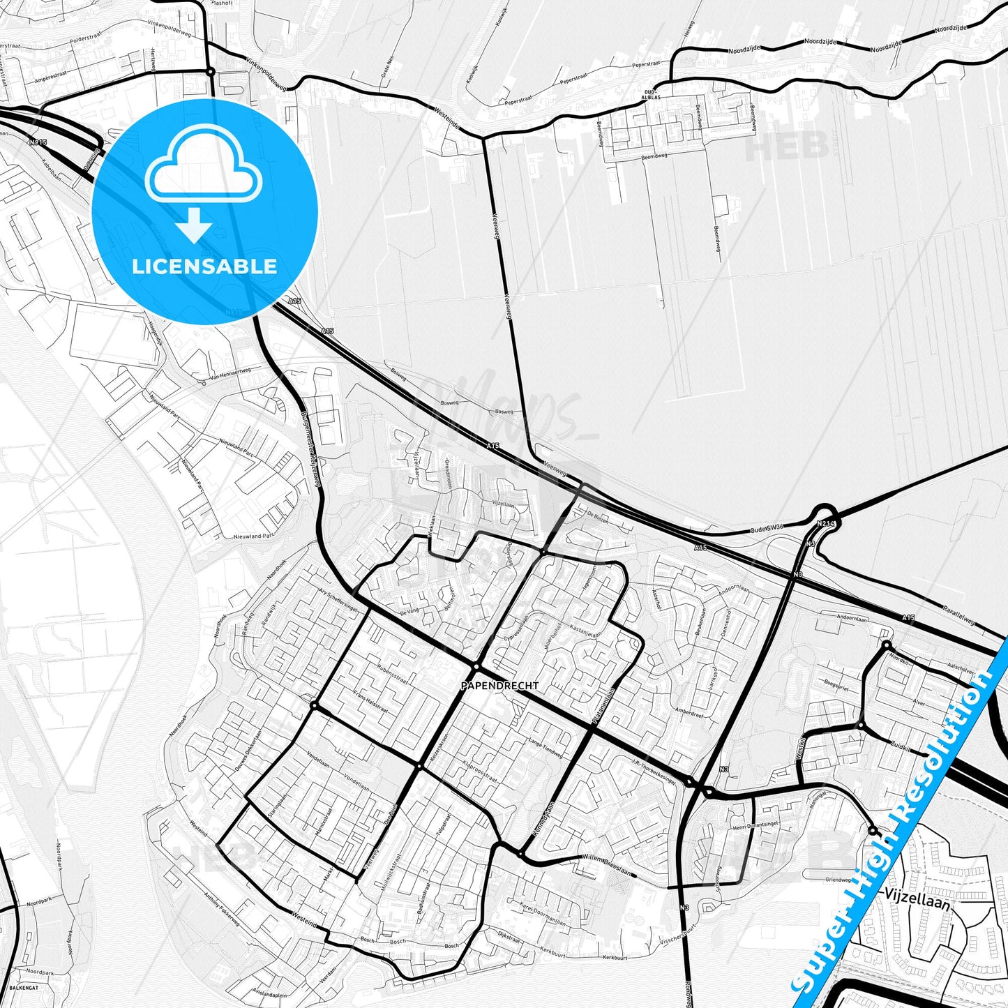 Papendrecht, Netherlands Light Map with Street Names, City Names, and Districts