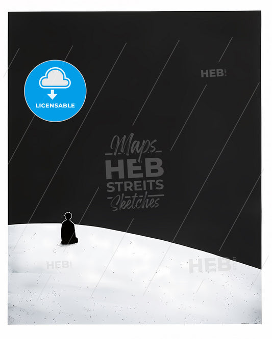 Modern gouache art poster featuring a minimalistic winter scene with a solitary figure on a snowy hill