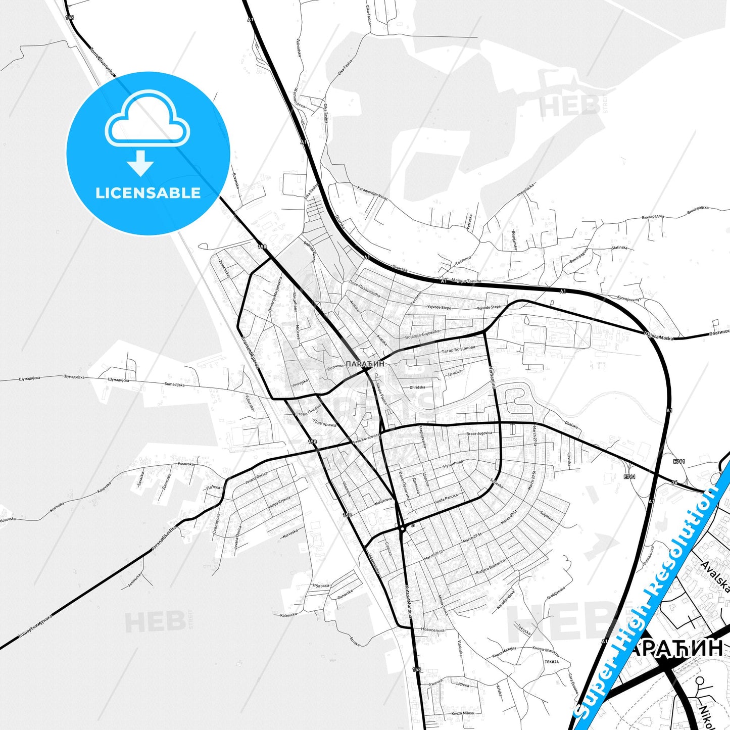 Paraćin, Serbia Light Map with Street Names, City Names, and Districts