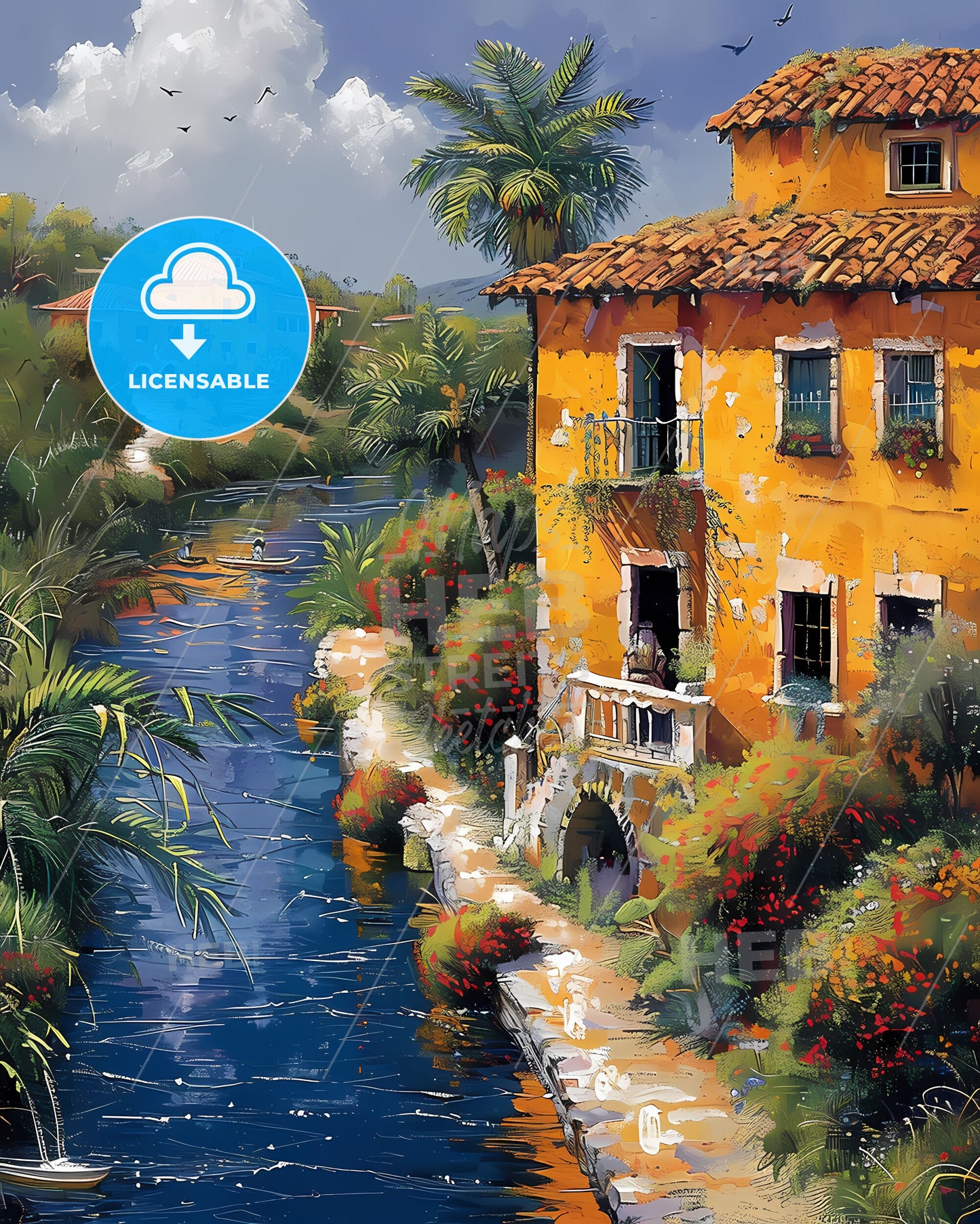 Abstract Painting: Vibrant South American Art of Colorful Building by River in Paraguay