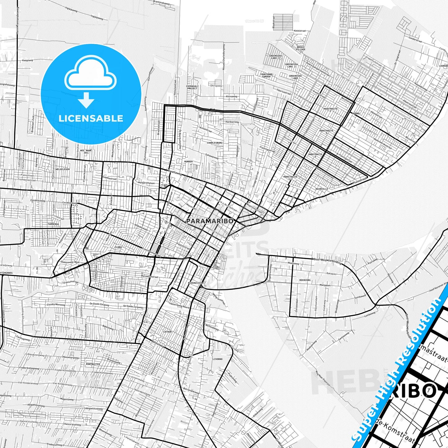 Paramaribo, Suriname Light Map with Street Names, City Names, and Districts