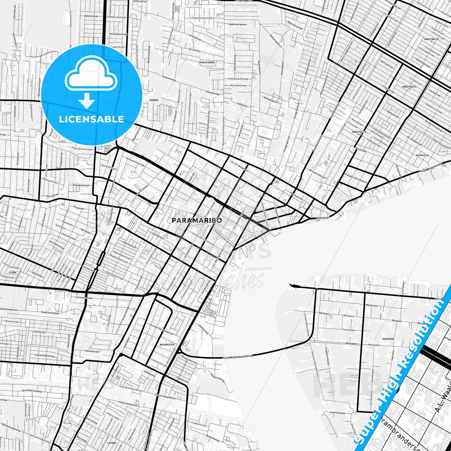 Paramaribo, Suriname Light Map with Street Names, City Names, and Districts