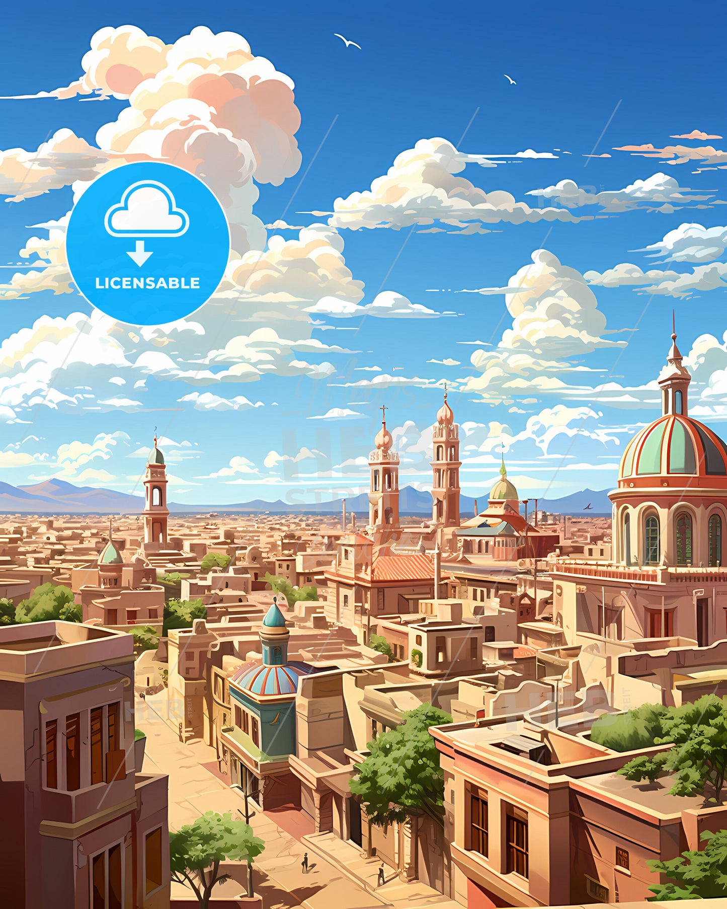 Parana City Skyline Blue Sky Clouds Painting Buildings Architecture Cityscape Artwork Image