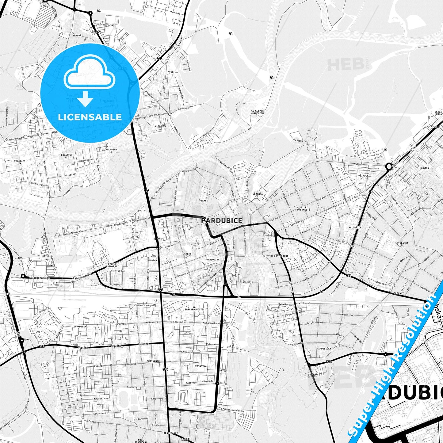 Pardubice, Czechia Light Map with Street Names, City Names, and Districts