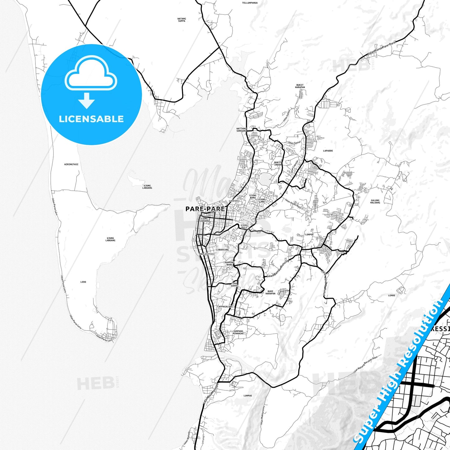 Parepare, Indonesia Light Map with Street Names, City Names, and Districts