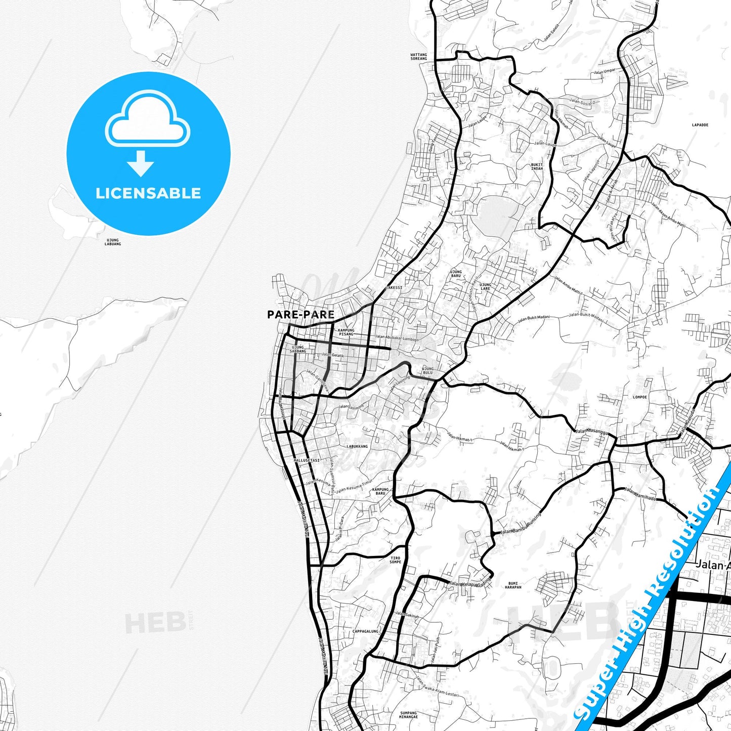 Parepare, Indonesia Light Map with Street Names, City Names, and Districts
