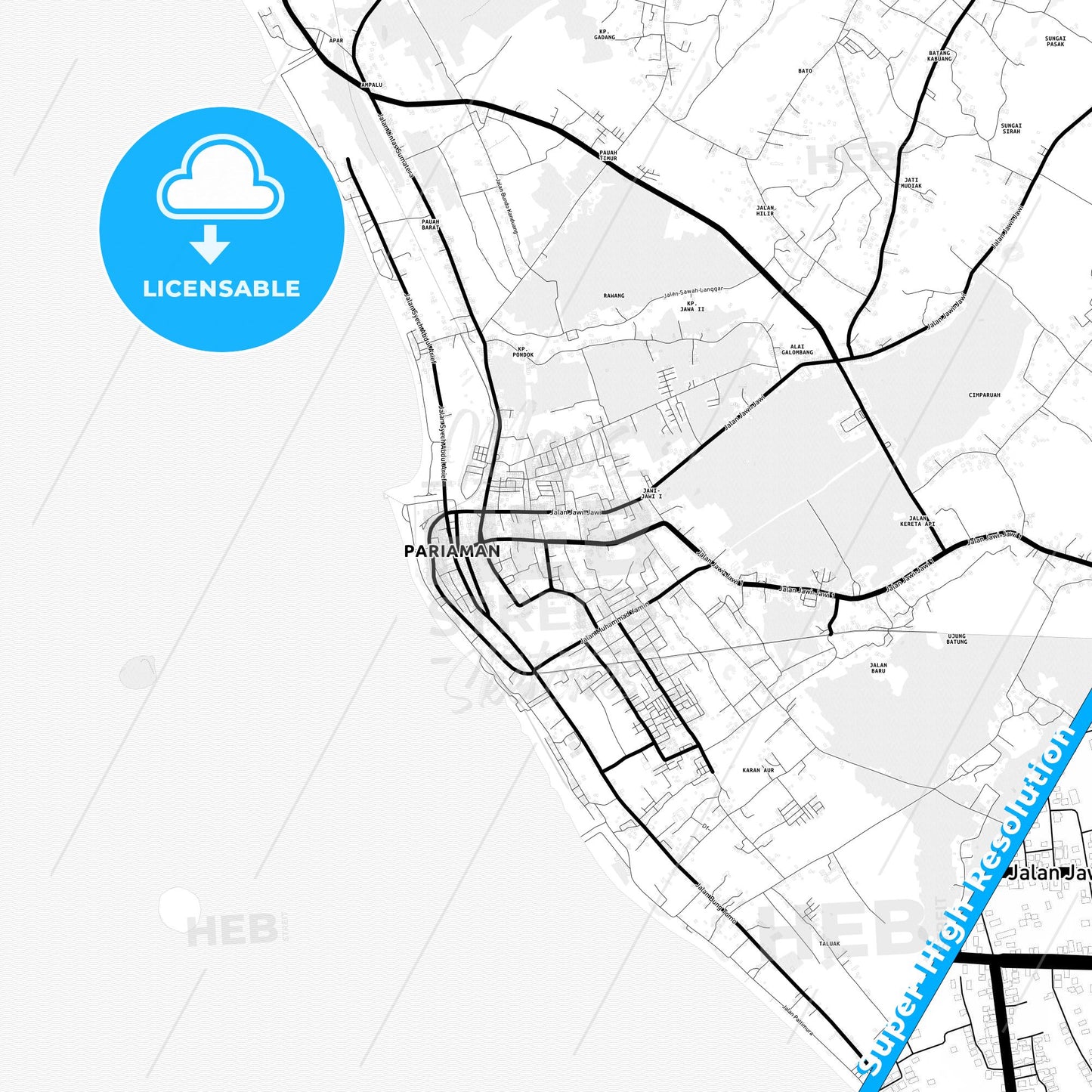 Pariaman, Indonesia Light Map with Street Names, City Names, and Districts
