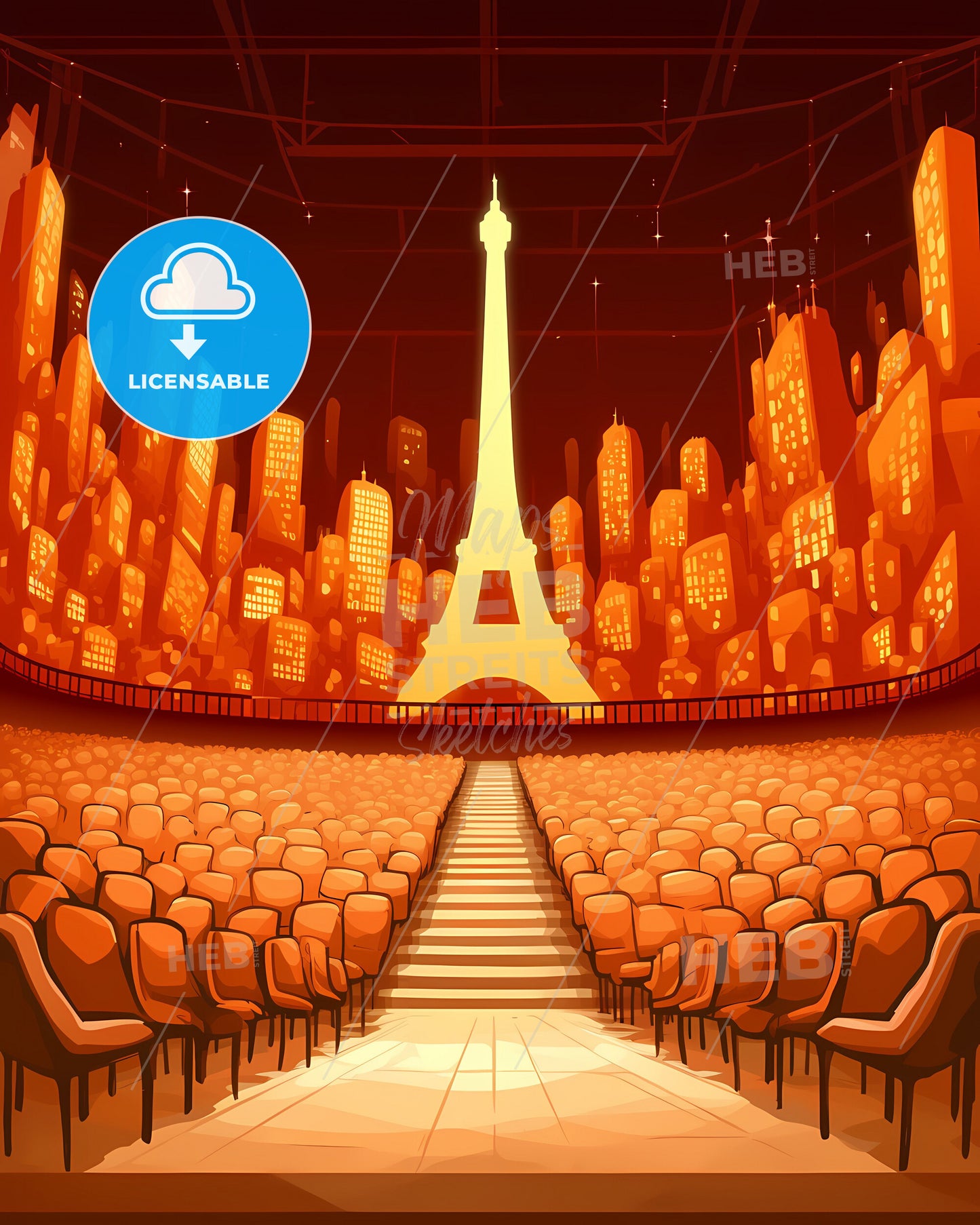 Expressive and Large Auditorium Oil Painting Depicting Tower and Seating