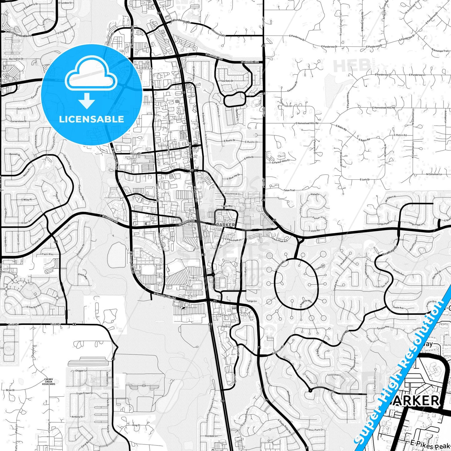 Parker, Colorado Light Map with Street Names, City Names, and Districts