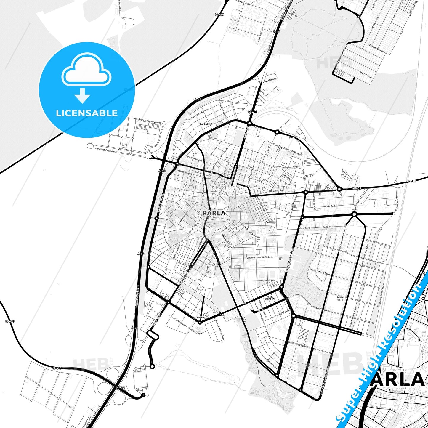 Parla, Spain Light Map with Street Names, City Names, and Districts