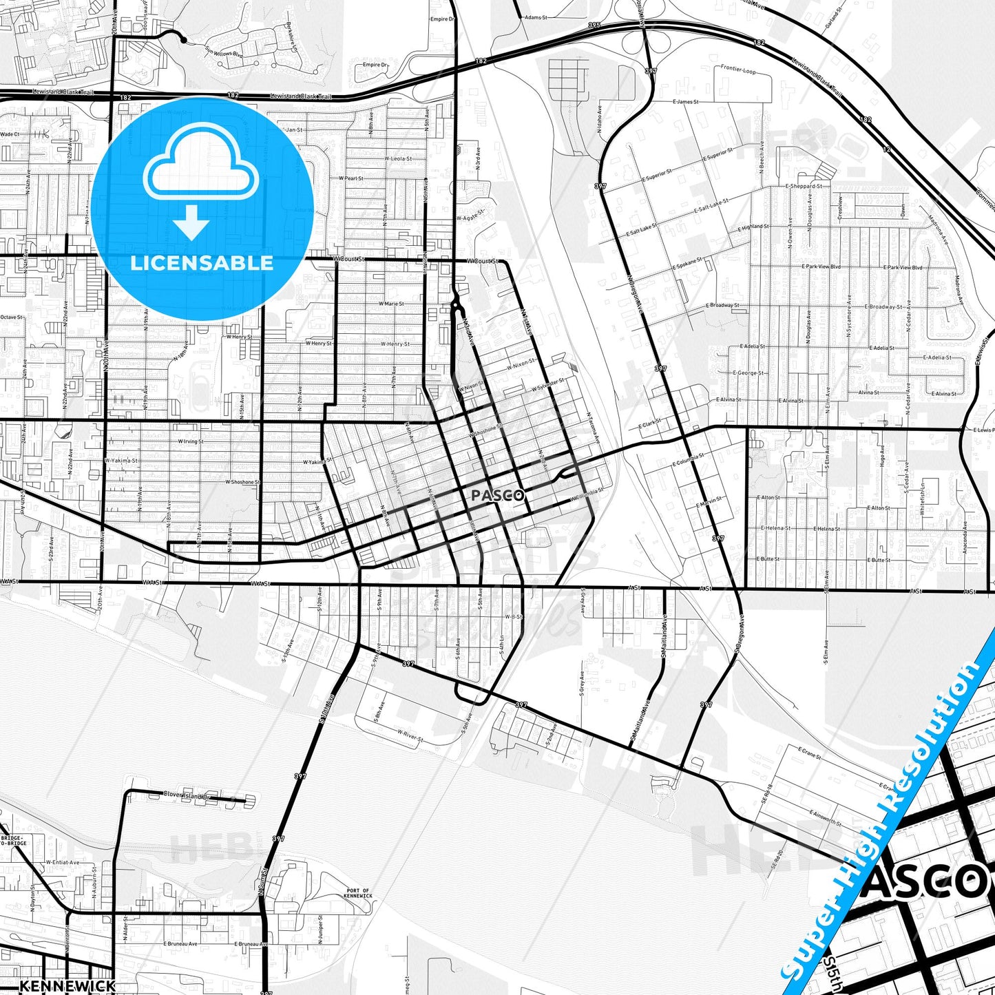 Pasco, Washington Light Map with Street Names, City Names, and Districts