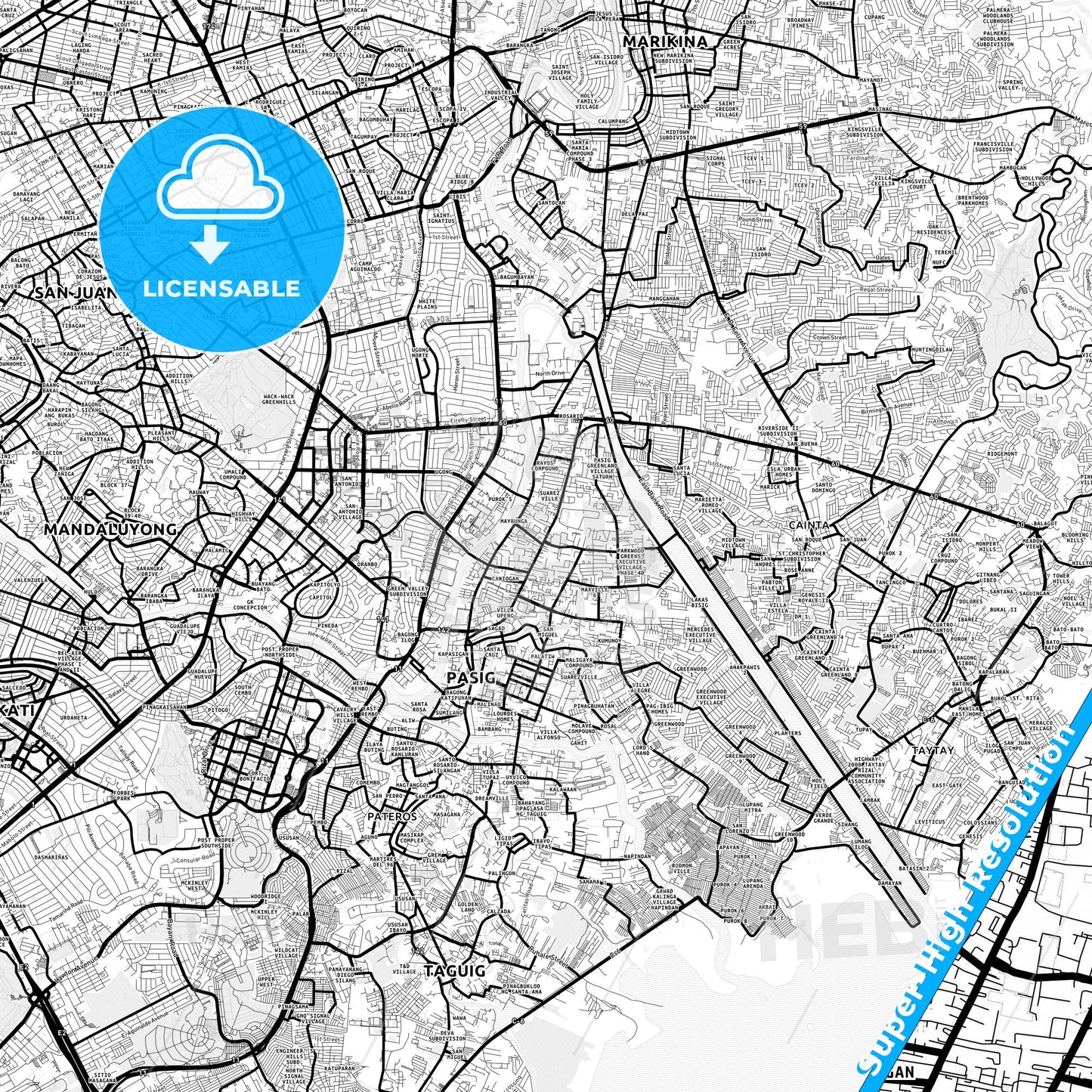 Pasig, Philippines Light Map with Street Names, City Names, and Districts