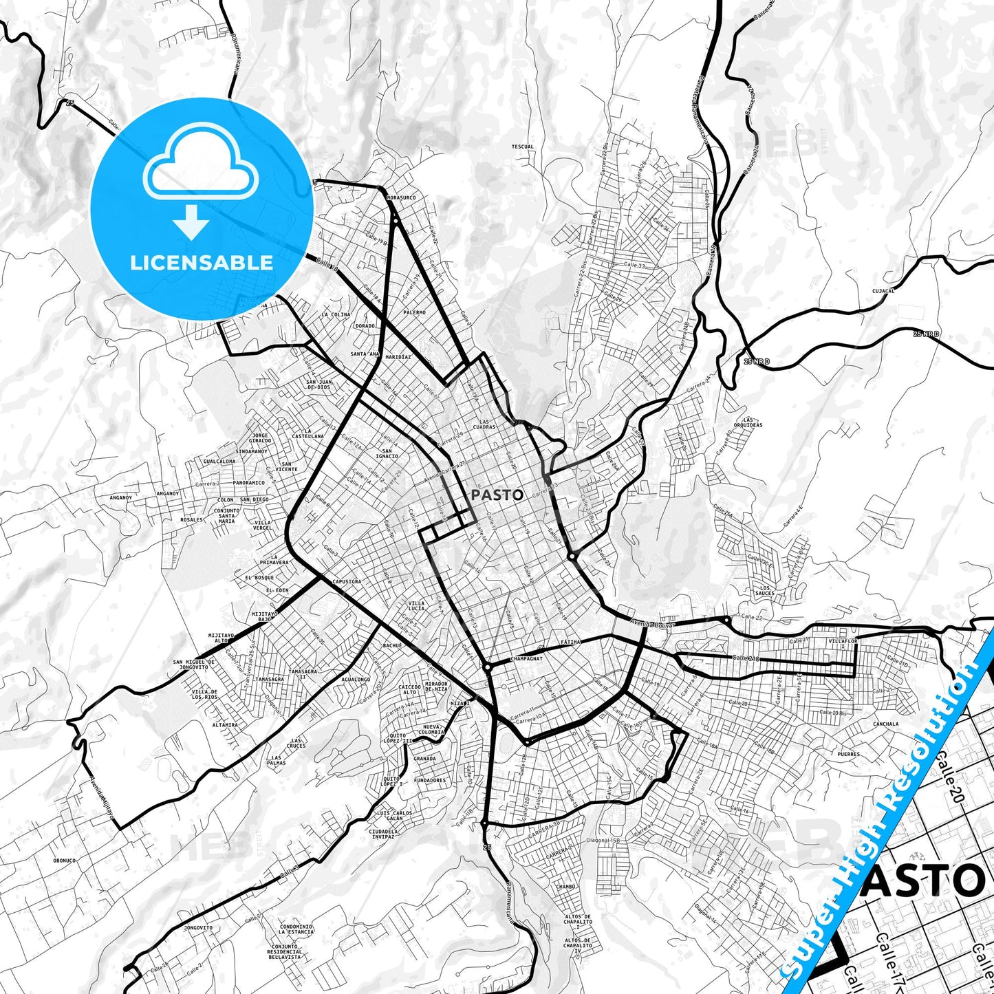 Pasto, Colombia Light Map with Street Names, City Names, and Districts