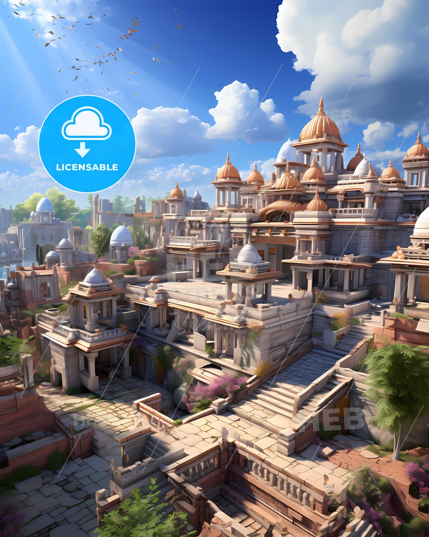 Panoramic Painting of Patna's Skyline with Towering Structures and a Serene Blue Firmament