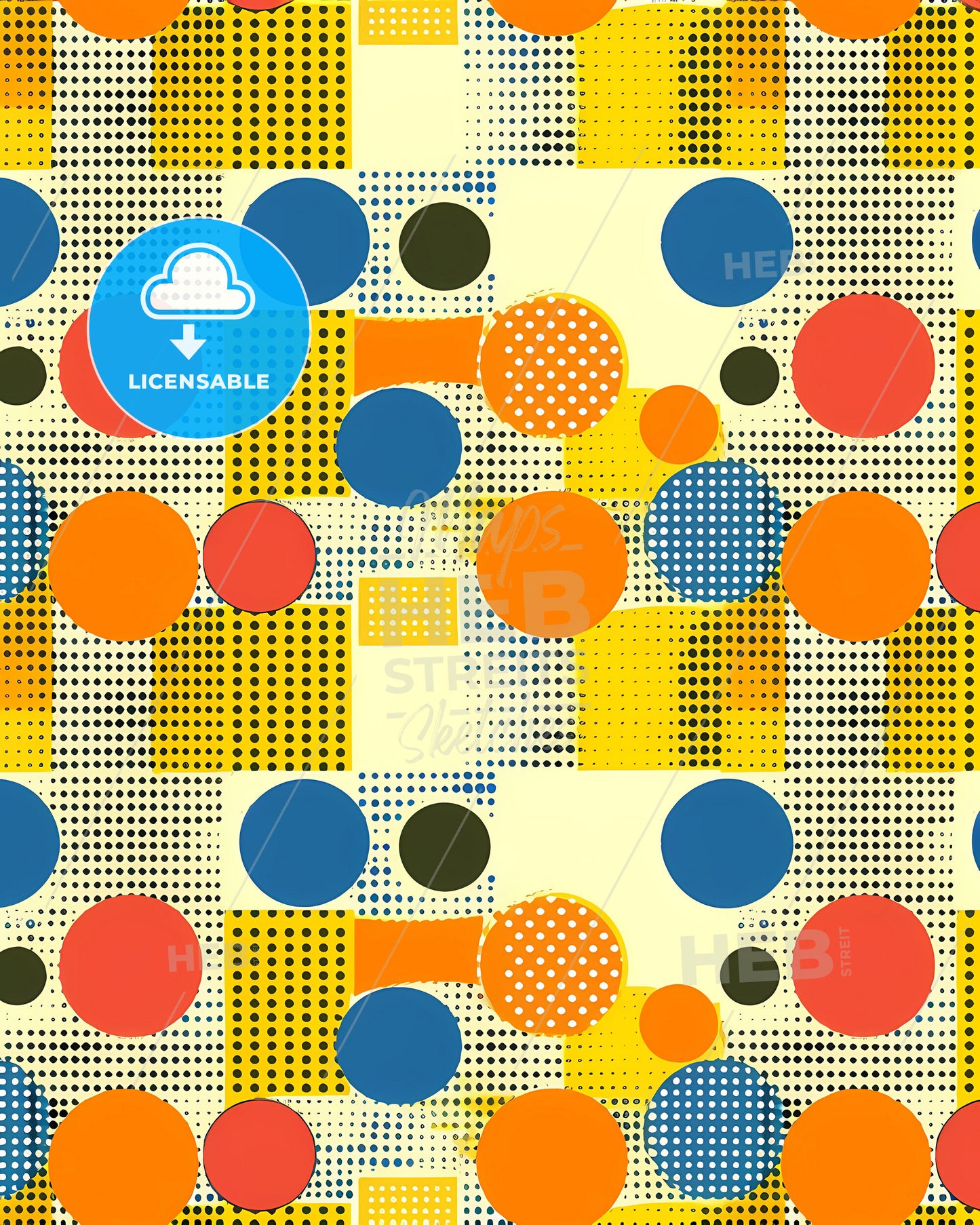 Colorful Geometric Retro Background With Orange, Yellow, And Blue Circles And Squares