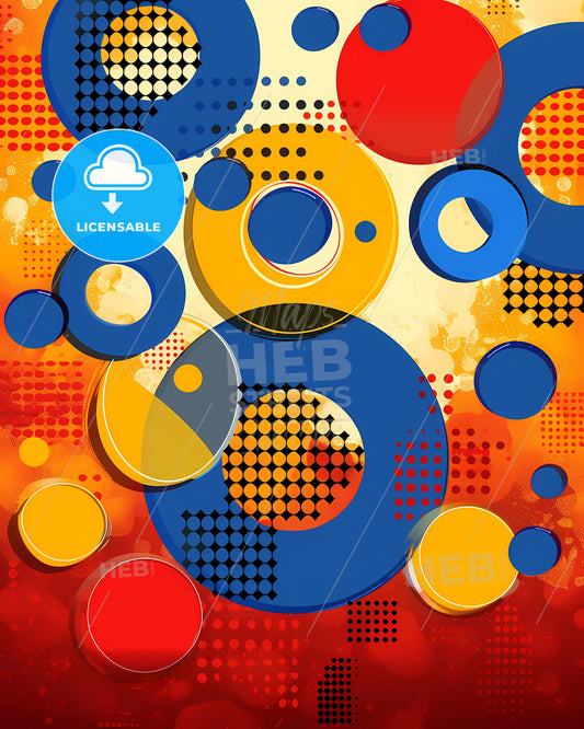 Retro Art Colorful Circles and Dots Painting, Orange Yellow Blue Solid Colors Simple Colors Lively Artwork Abstract Background Full Width