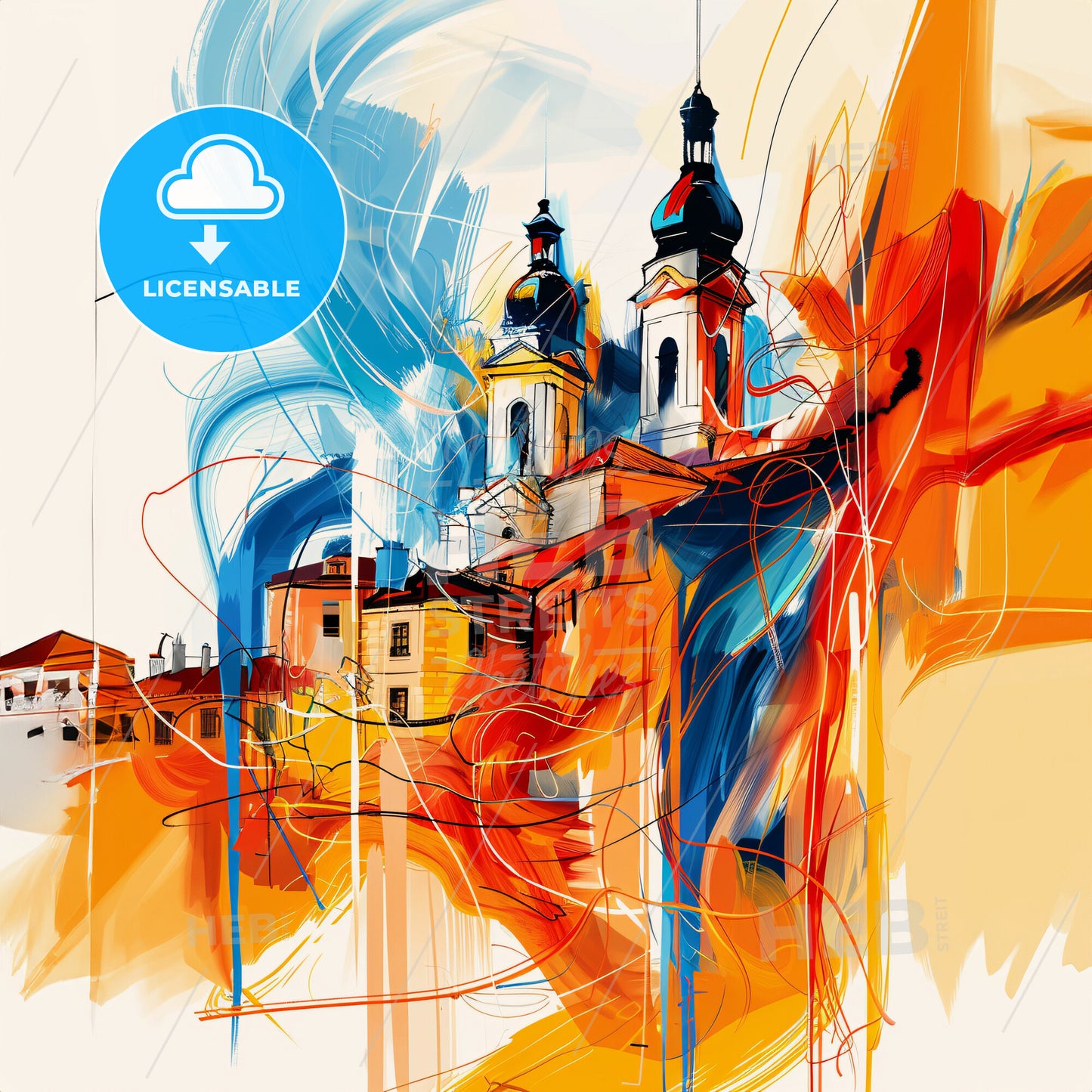 Vibrant Pau, France - A Painting Of A Building With Towers And A Blue And Orange Swirl