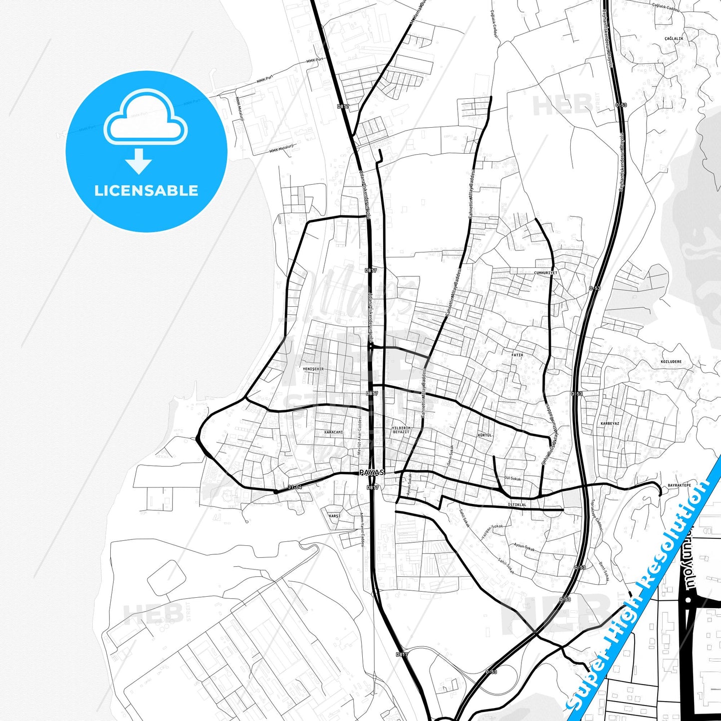 Payas, Turkey Light Map with Street Names, City Names, and Districts