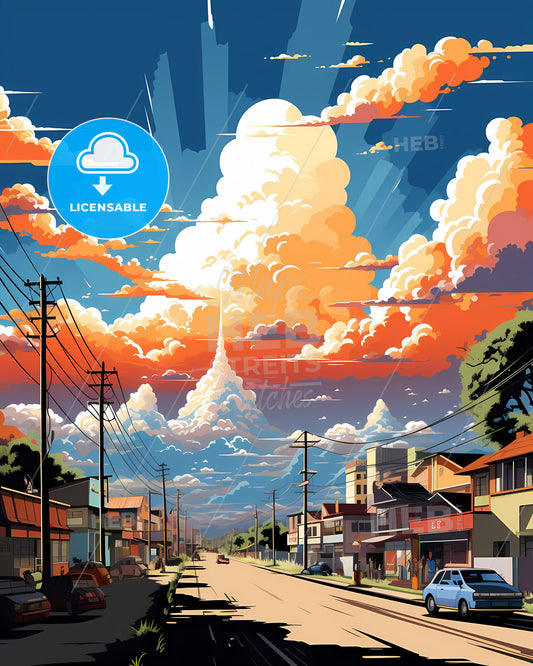 Pekanbaru Indonesia City Art Skyline Painting Houses Clouds