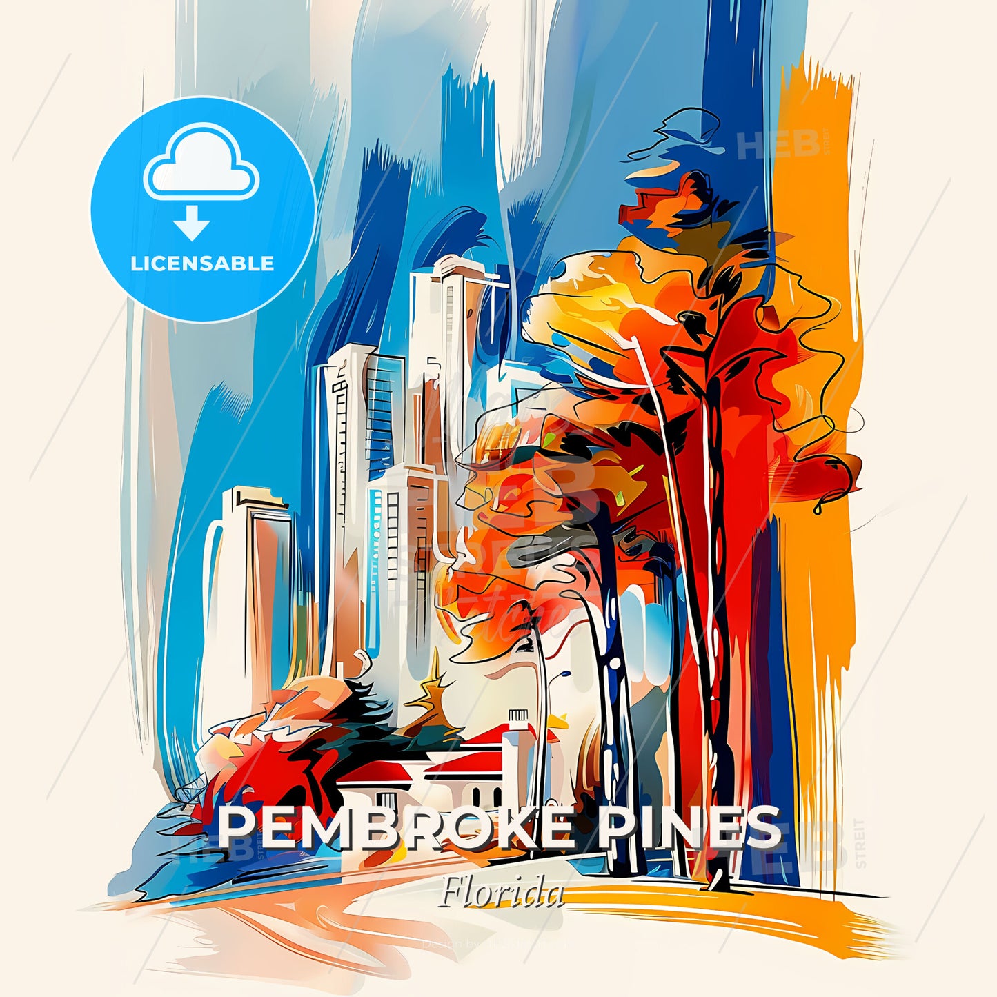 Vibrant Pembroke Pines, Florida - A Painting Of A City With Buildings And Trees - Square format print template