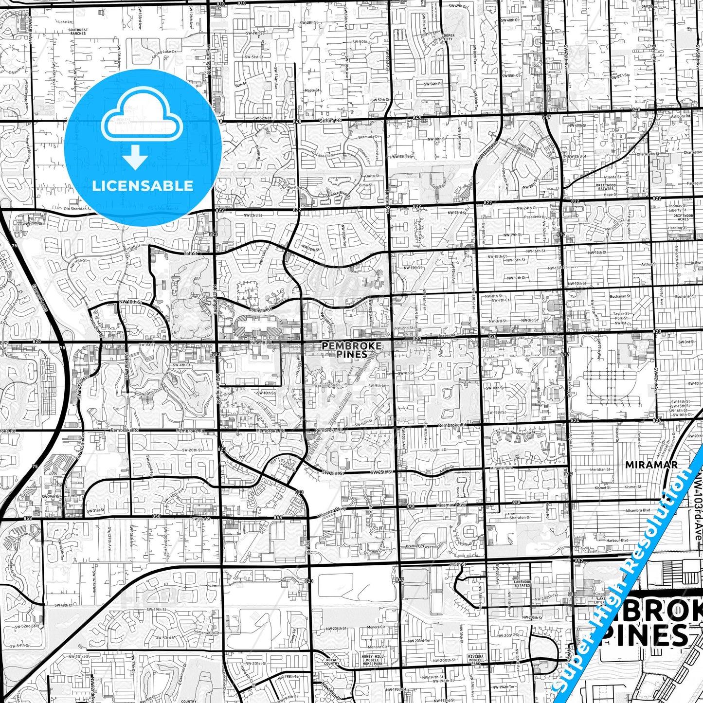Pembroke Pines, Florida Light Map with Street Names, City Names, and Districts