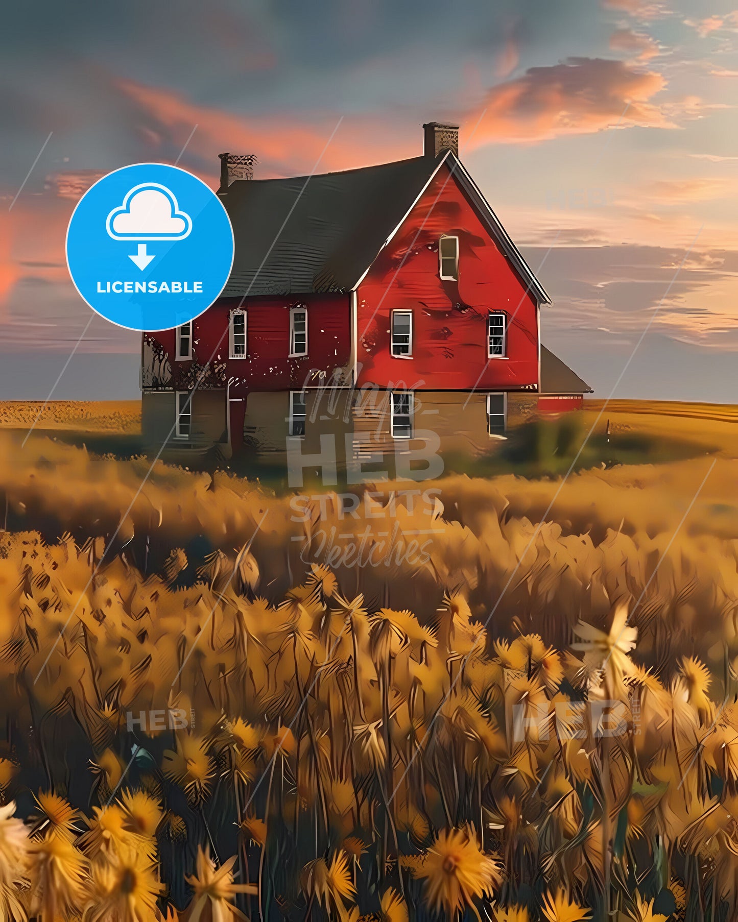 Vibrant Wheatfield Painting: House amidst Golden Fields, Pennsylvania, USA