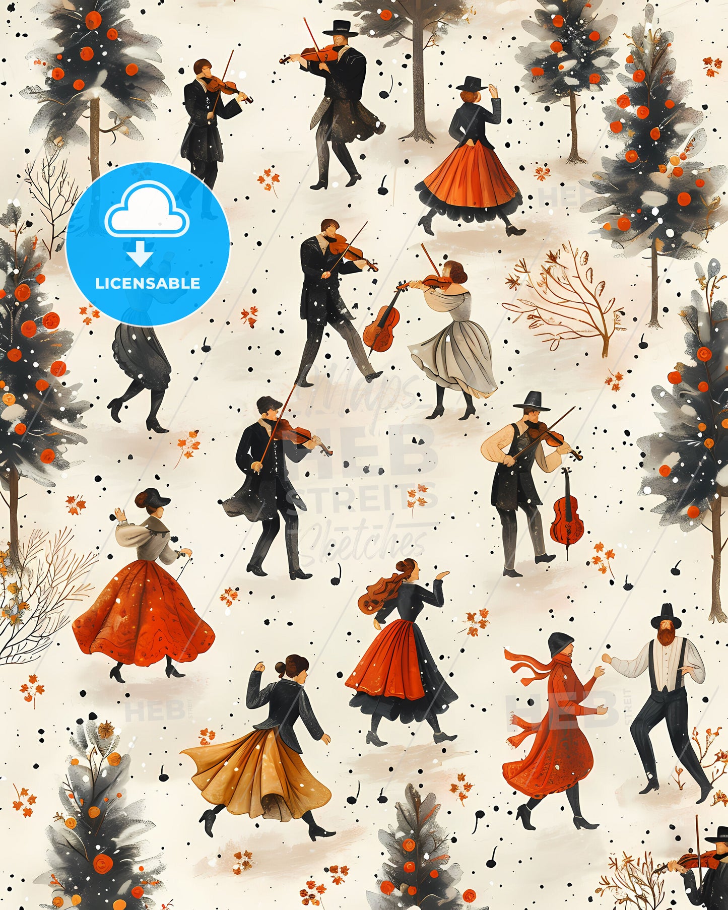 Renaissance Dance Party in Snow: Vibrant Painting with Headphones, Sneakers, and Instruments