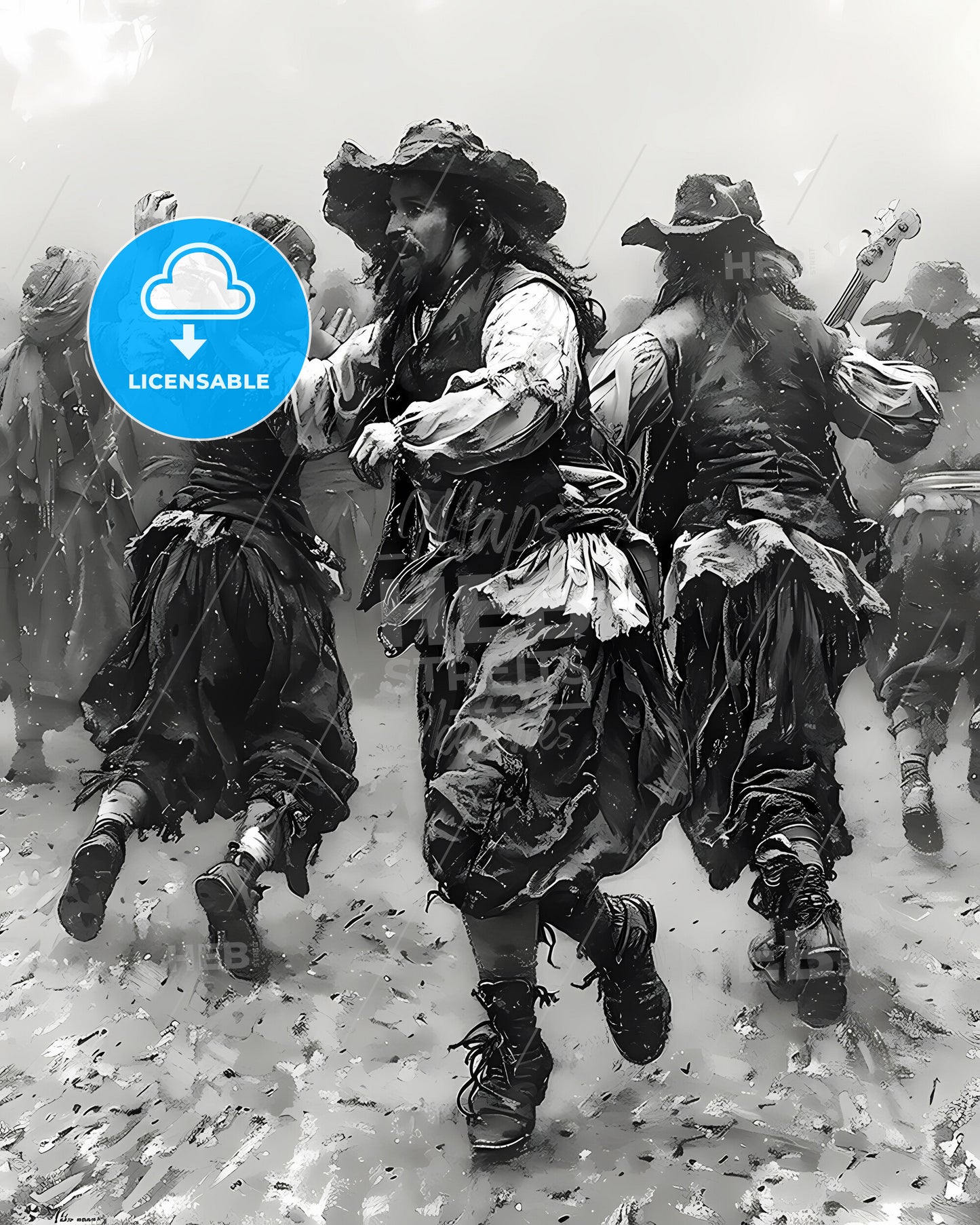 Renaissance Dance Fusion: Modern Music, Ancient Art, Vibrant Painting, People, Sneakers, Headphones, Instruments, Motion