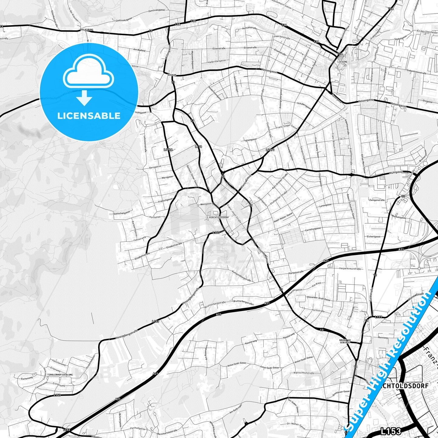 Perchtoldsdorf, Austria Light Map with Street Names, City Names, and Districts
