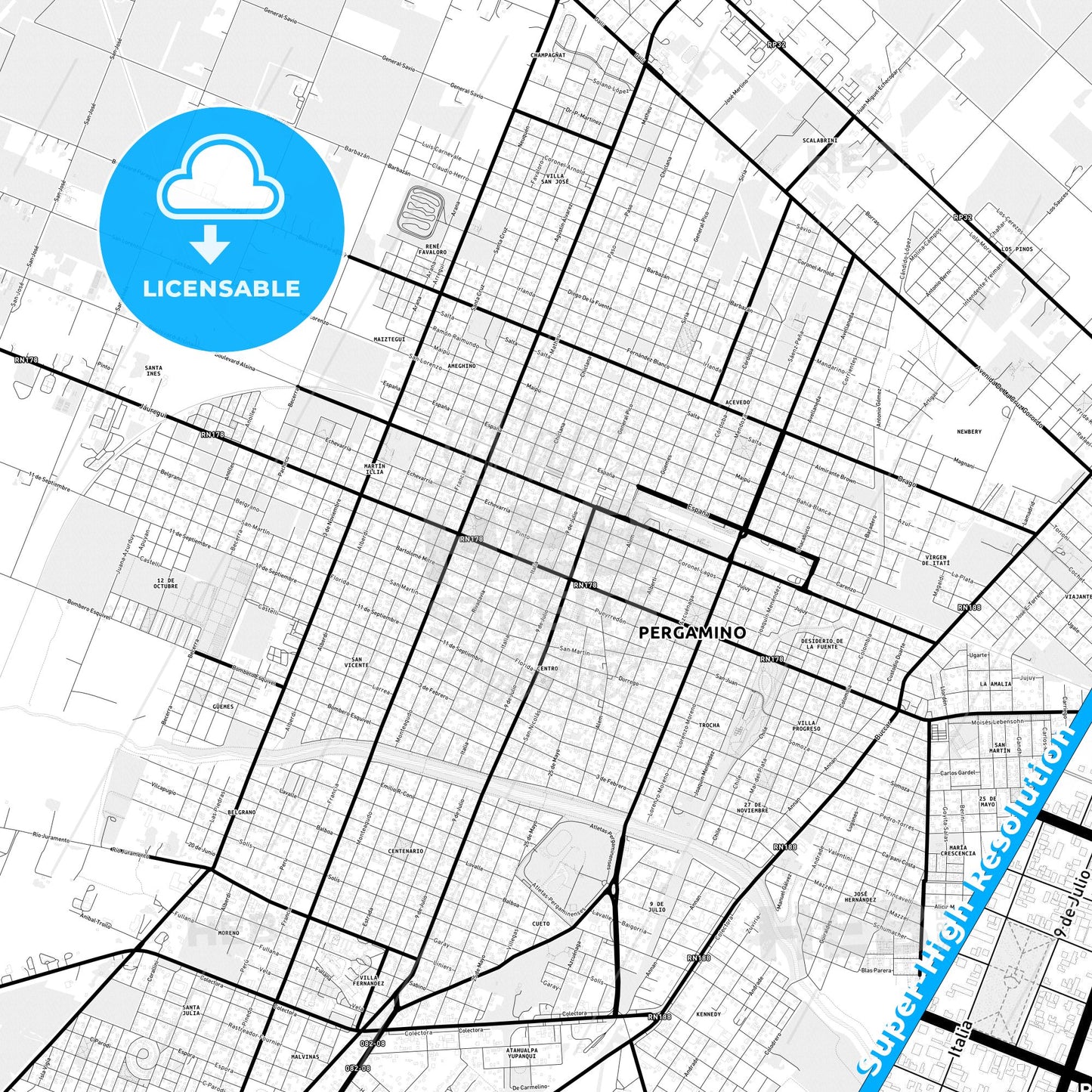 Pergamino, Argentina Light Map with Street Names, City Names, and Districts