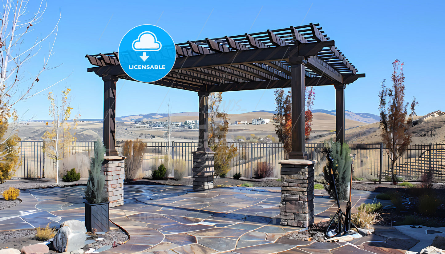 Artful Metal Pergola with Wooden Purlin Accents on Vibrant Patio Canvas